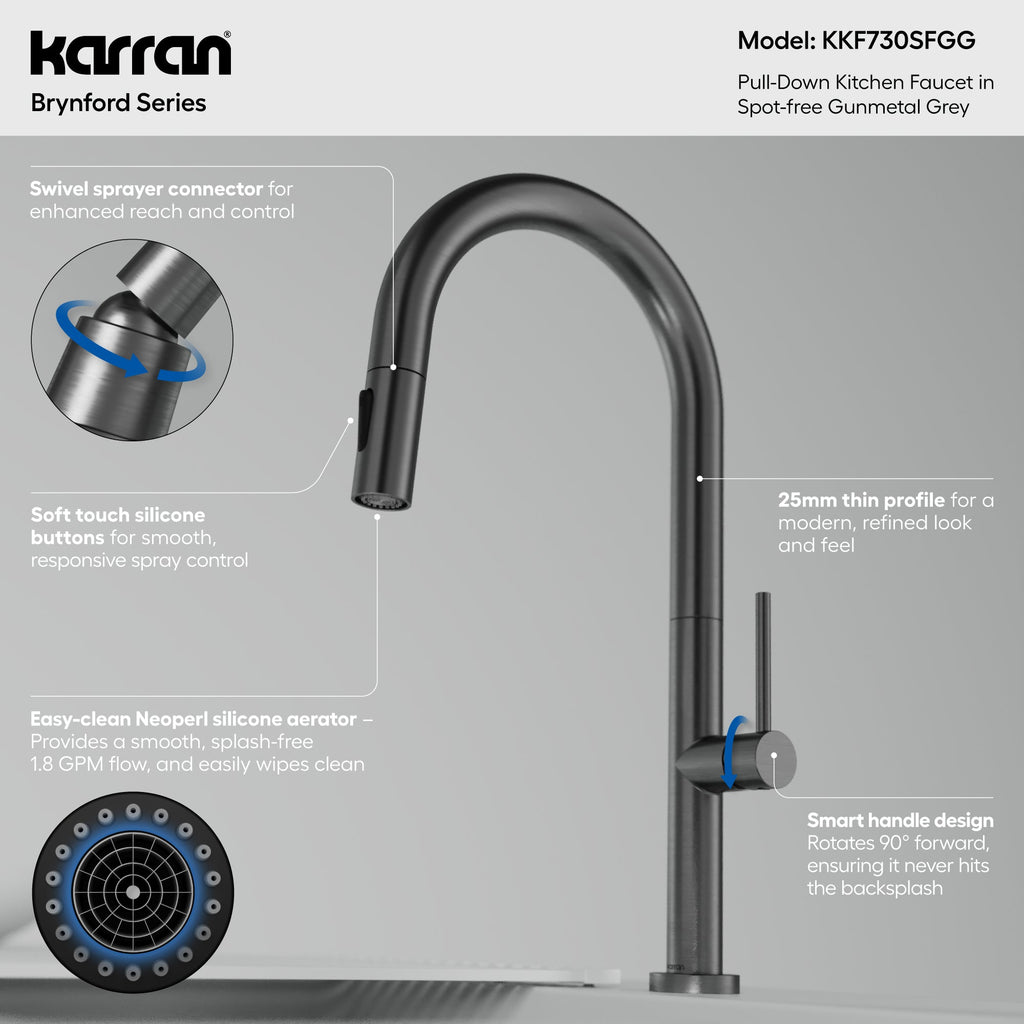 Brynford Single Handle Pull-Down Sprayer Kitchen Faucet In Spot-Free Gunmetal Grey