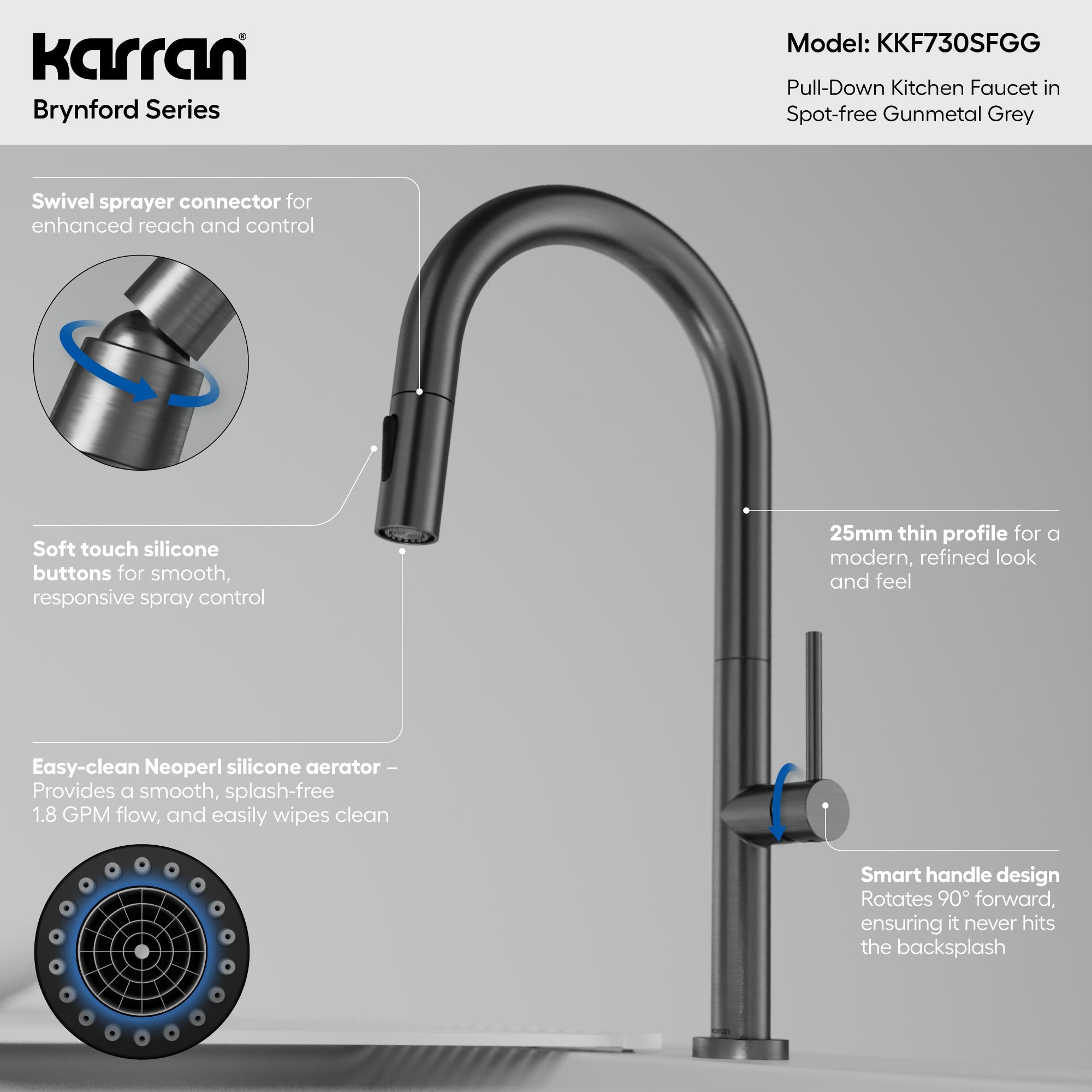 Brynford Single Handle Pull-Down Sprayer Kitchen Faucet In Spot-Free Gunmetal Grey