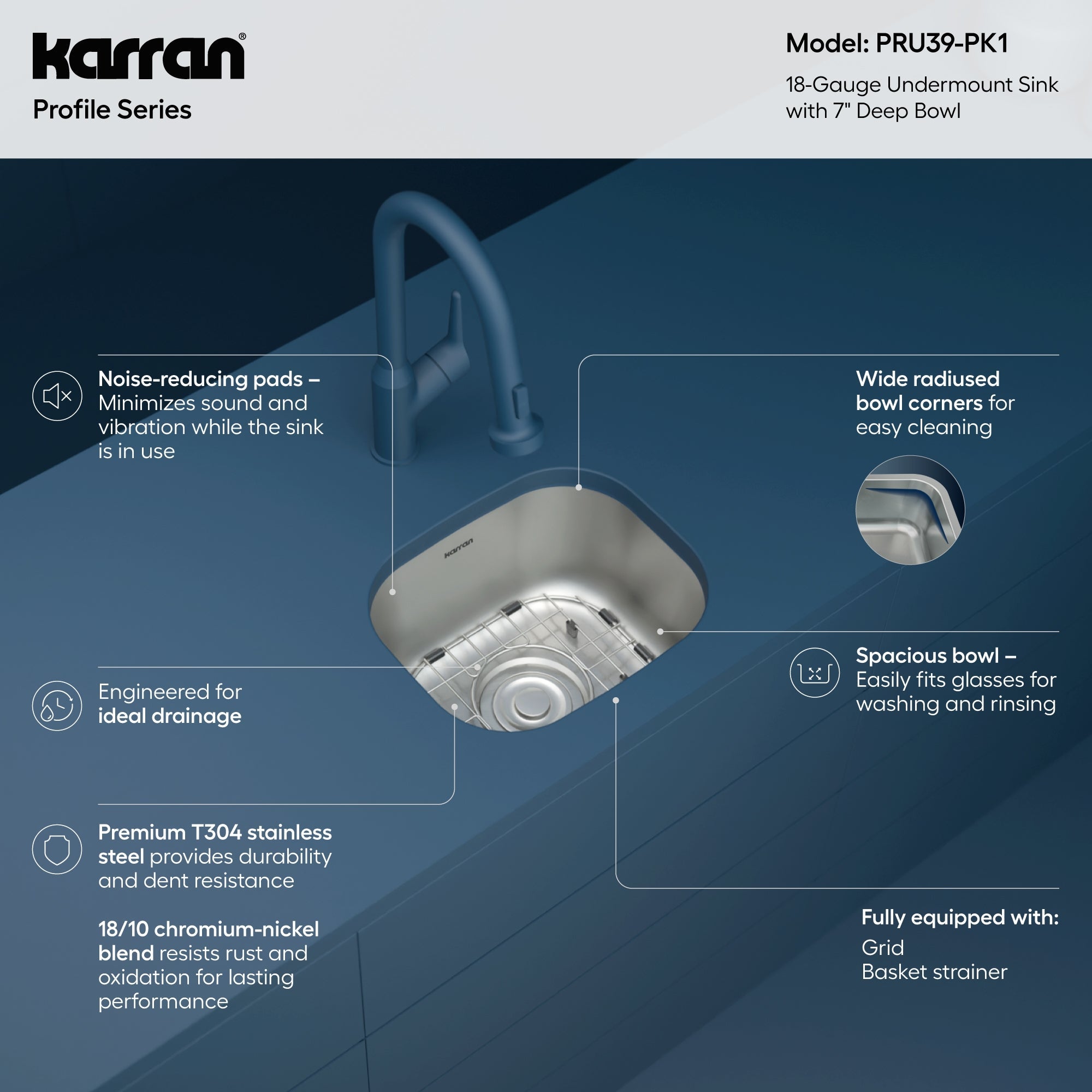 Profile 15" Undermount 18 Gauge Single Bowl Stainless Steel Kitchen Sink with Accessories