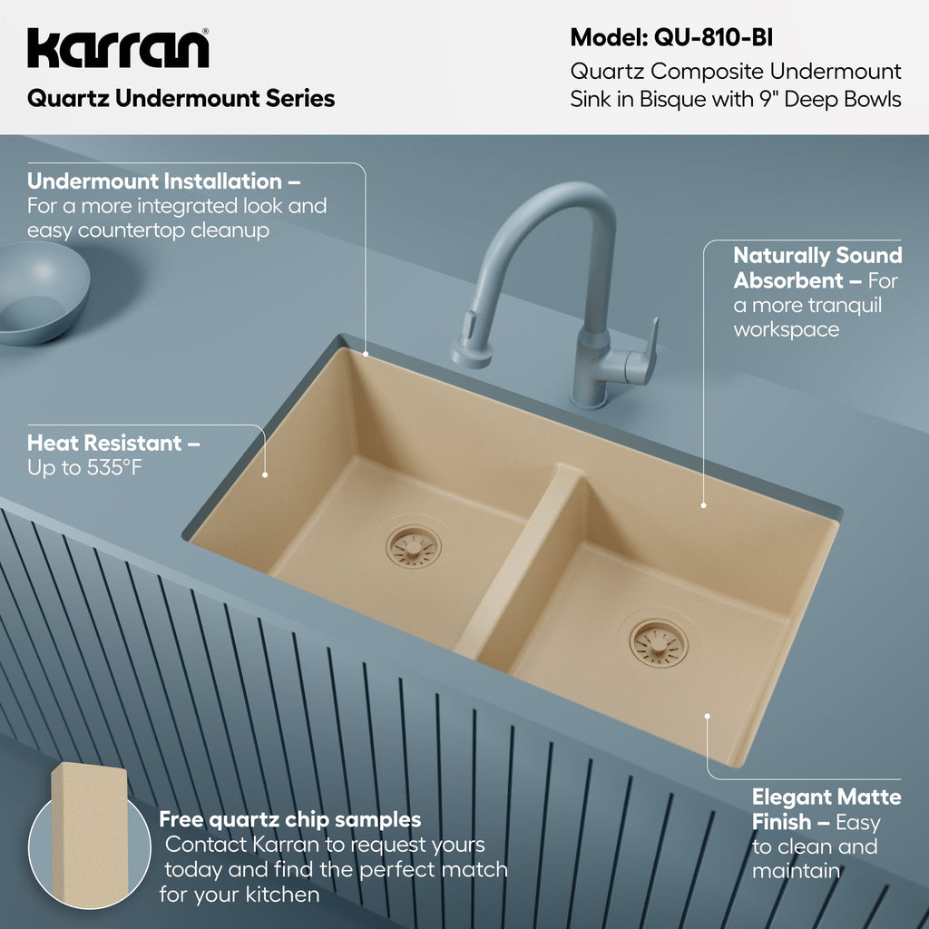 32-3/8" Undermount Double Equal Bowl Quartz Composite Kitchen Sink In Bisque