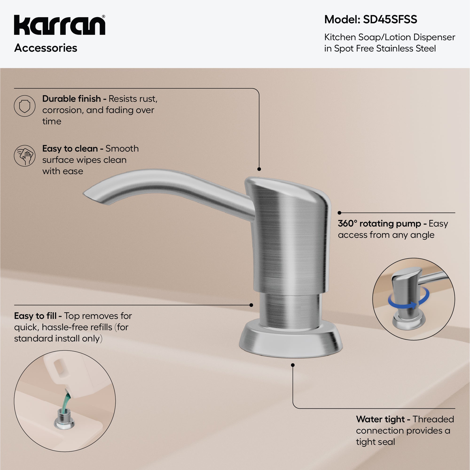 Karran SD45 Soap Dispenser In Spot-Free Stainless Steel