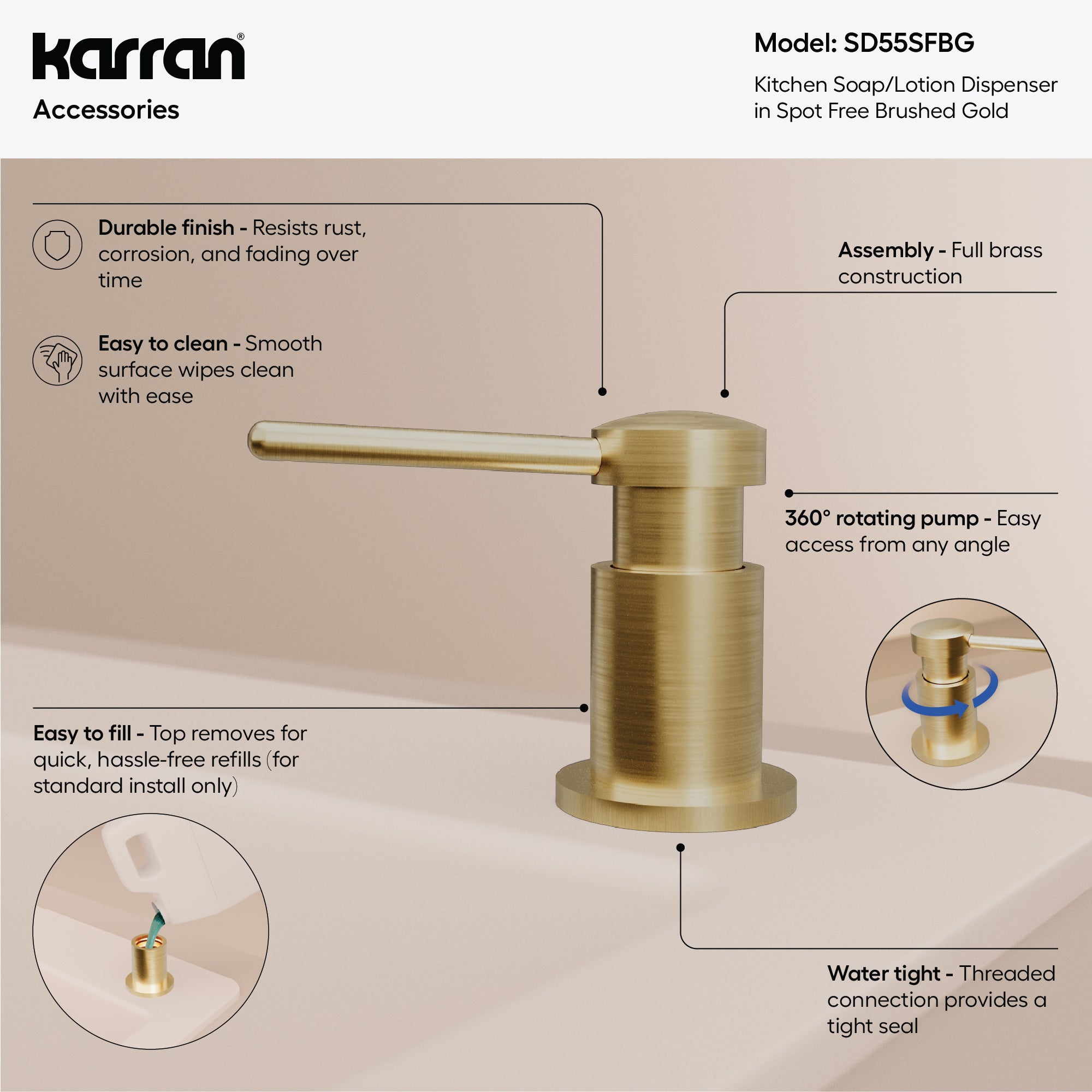 Karran SD55 Soap Dispenser In Spot-Free Brushed Gold