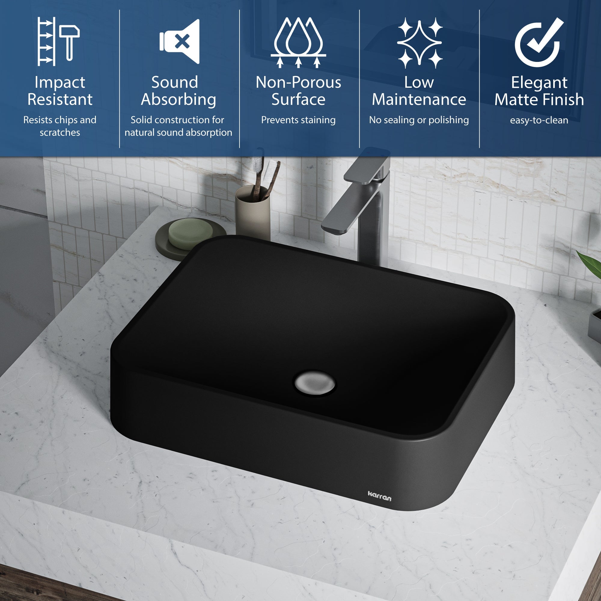 21-1/2" Vessel Quartz Composite Bathroom Sink In Black