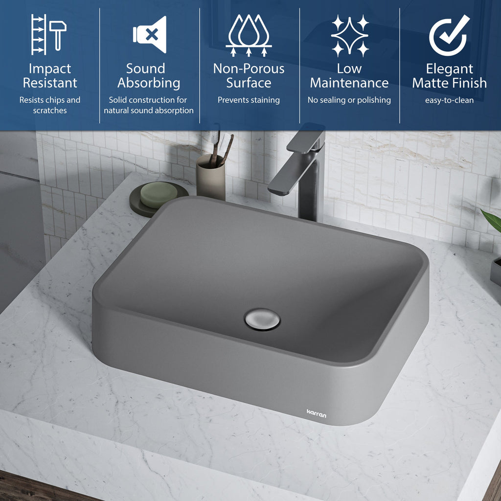 21-1/2" Vessel Quartz Composite Bathroom Sink In Grey