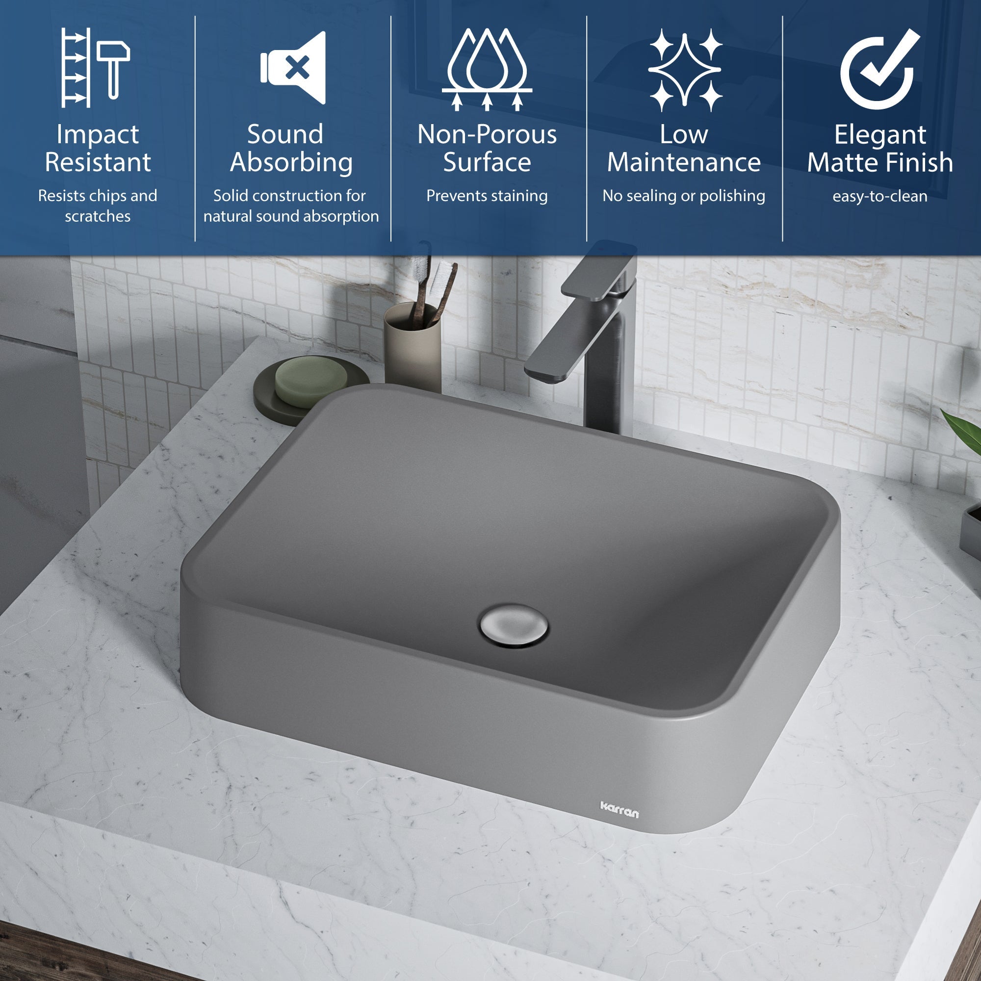 21-1/2" Vessel Quartz Composite Bathroom Sink In Grey