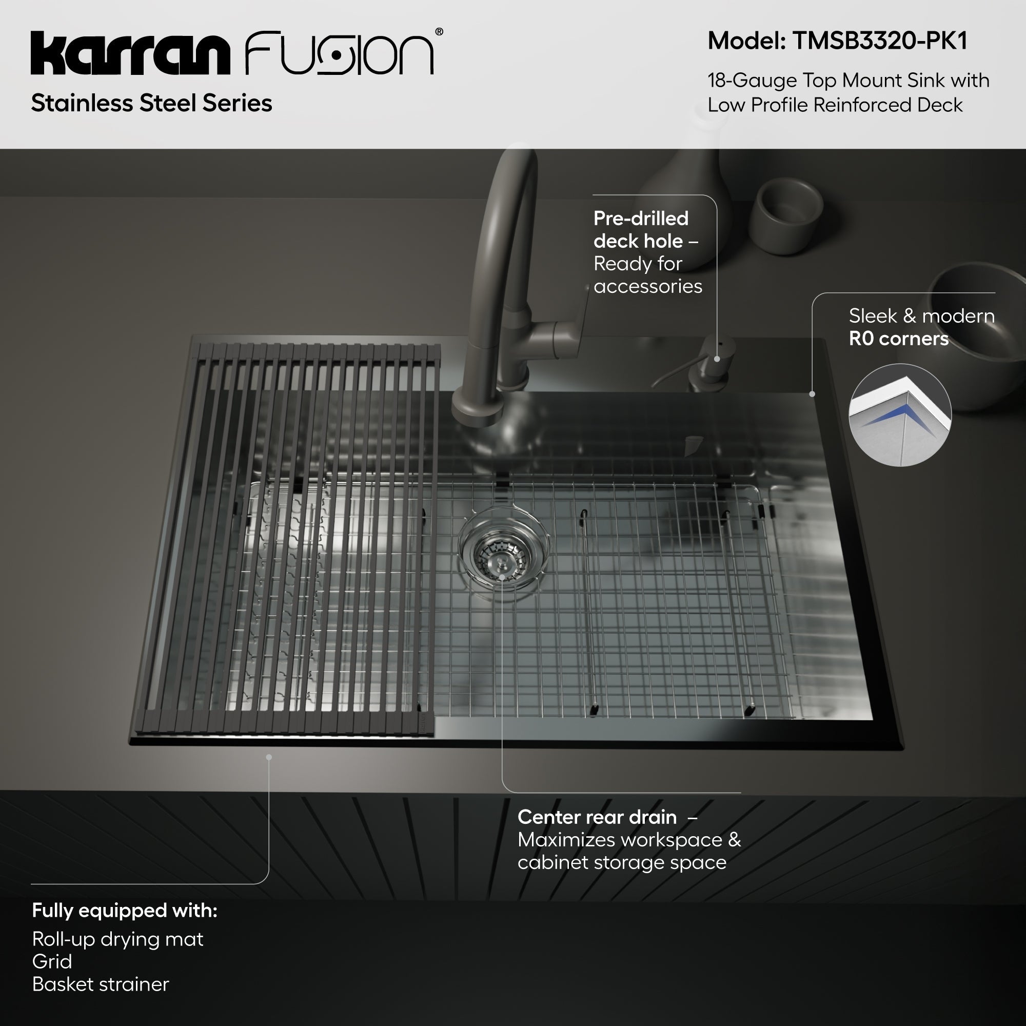 Fusion 33" Top Mount 18 Gauge Single Bowl Stainless Steel Sink with Accessories