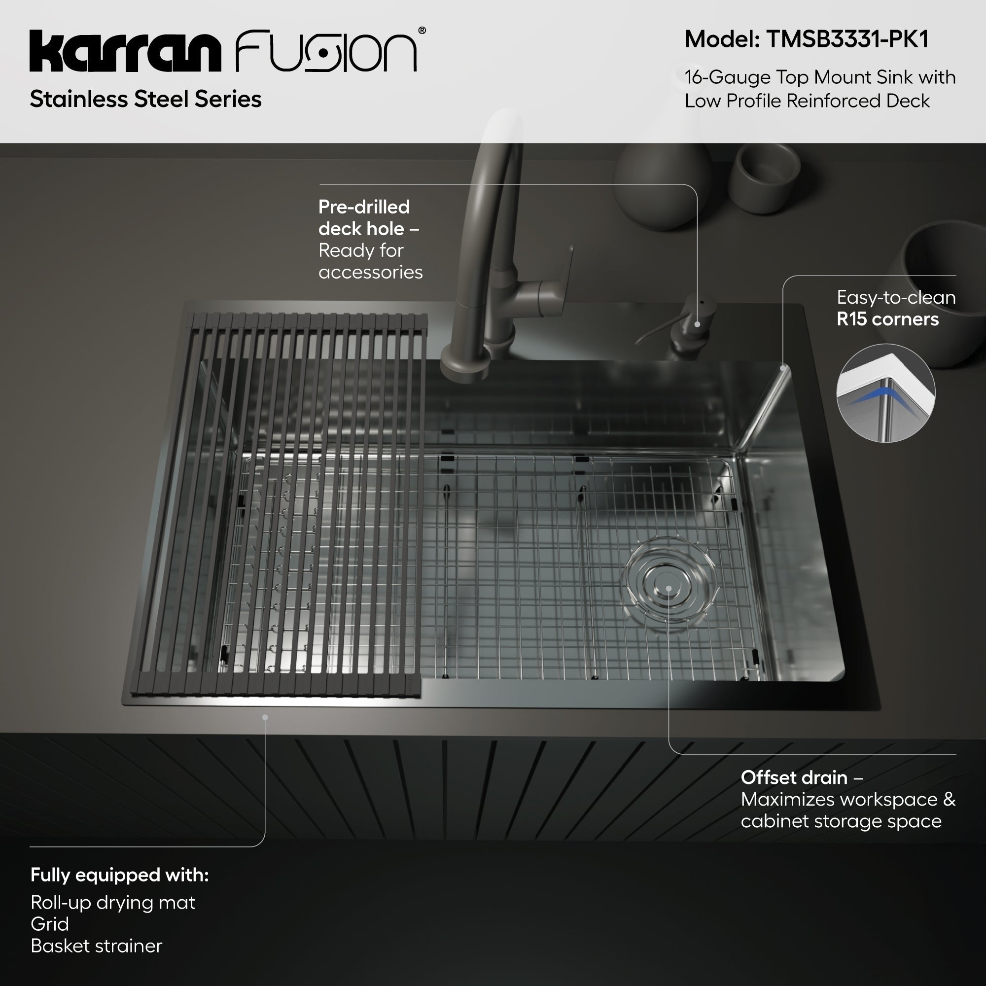 Fusion 33" Top Mount 16 Gauge Single Bowl Stainless Steel Sink with Accessories