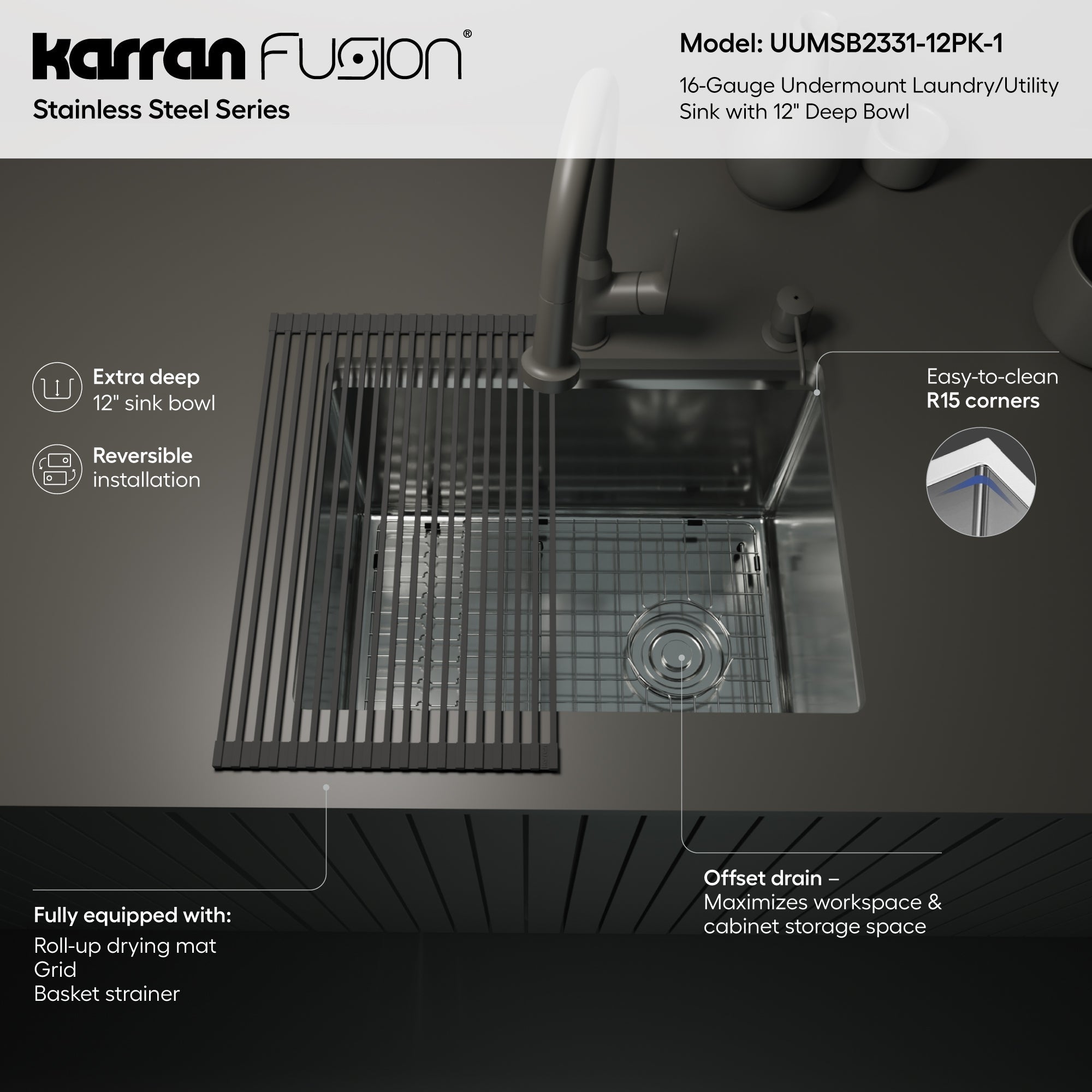 Fusion 23" Undermount 16 Gauge Single Bowl Laundry/Utility Stainless Steel Sink with Accessories