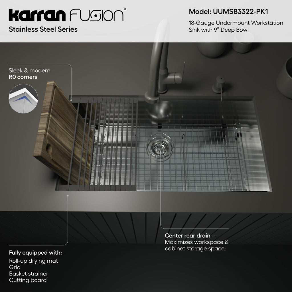 Fusion 33" Undermount Workstation 18 Gauge Single Bowl Stainless Steel Sink with Accessories
