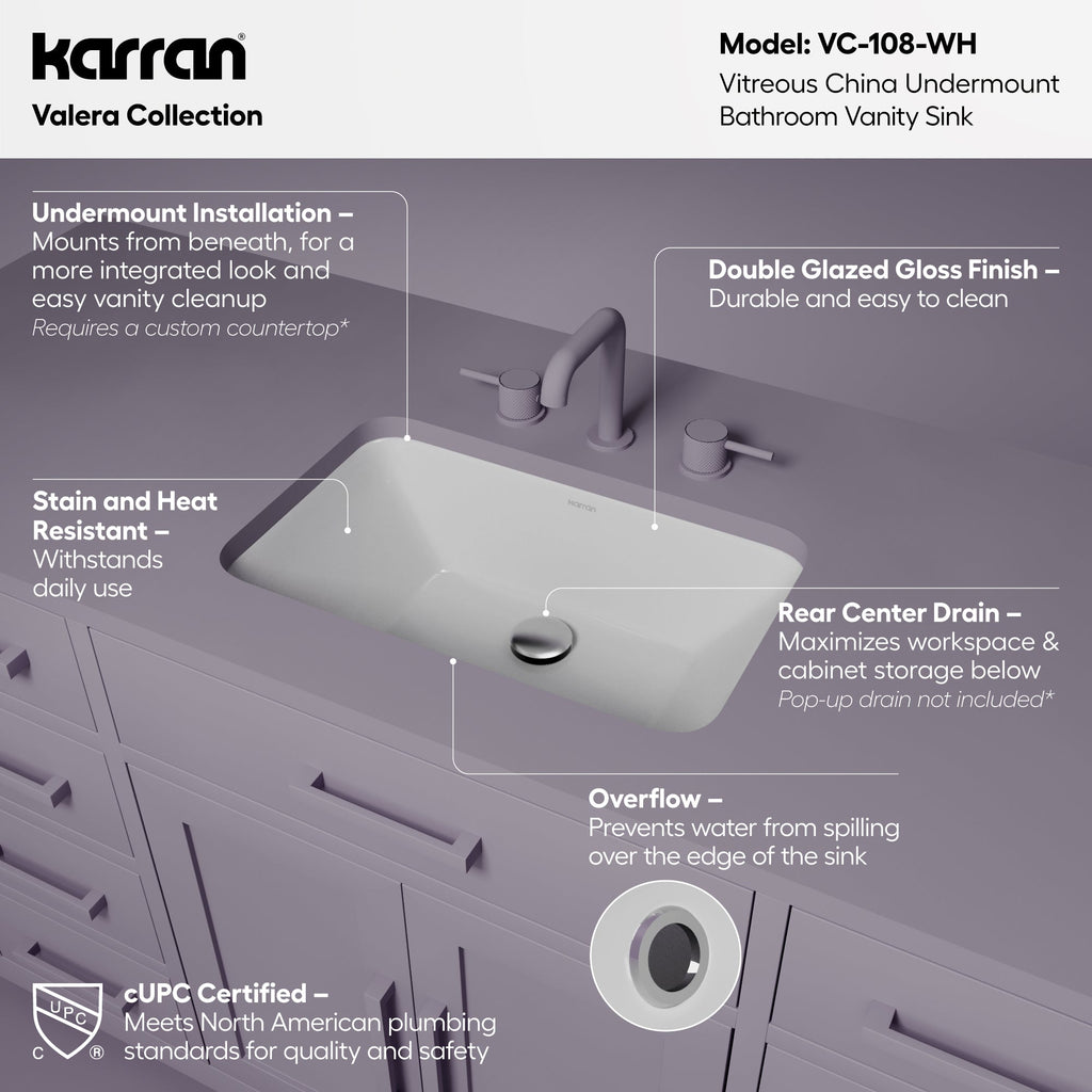 Valera 21" Rectangular Undermount Vitreous China Bathroom Sink In White