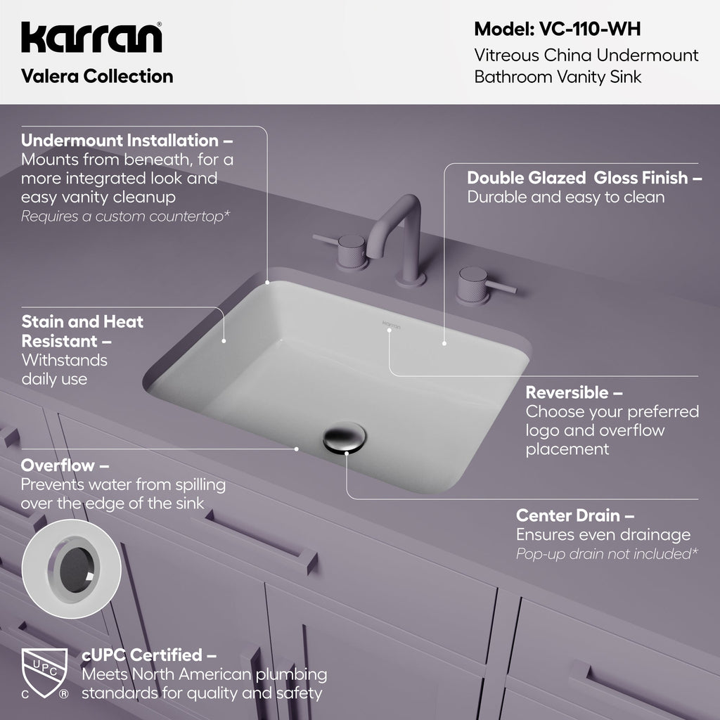 Valera 20" Rectangular Undermount Vitreous China Bathroom Sink In White