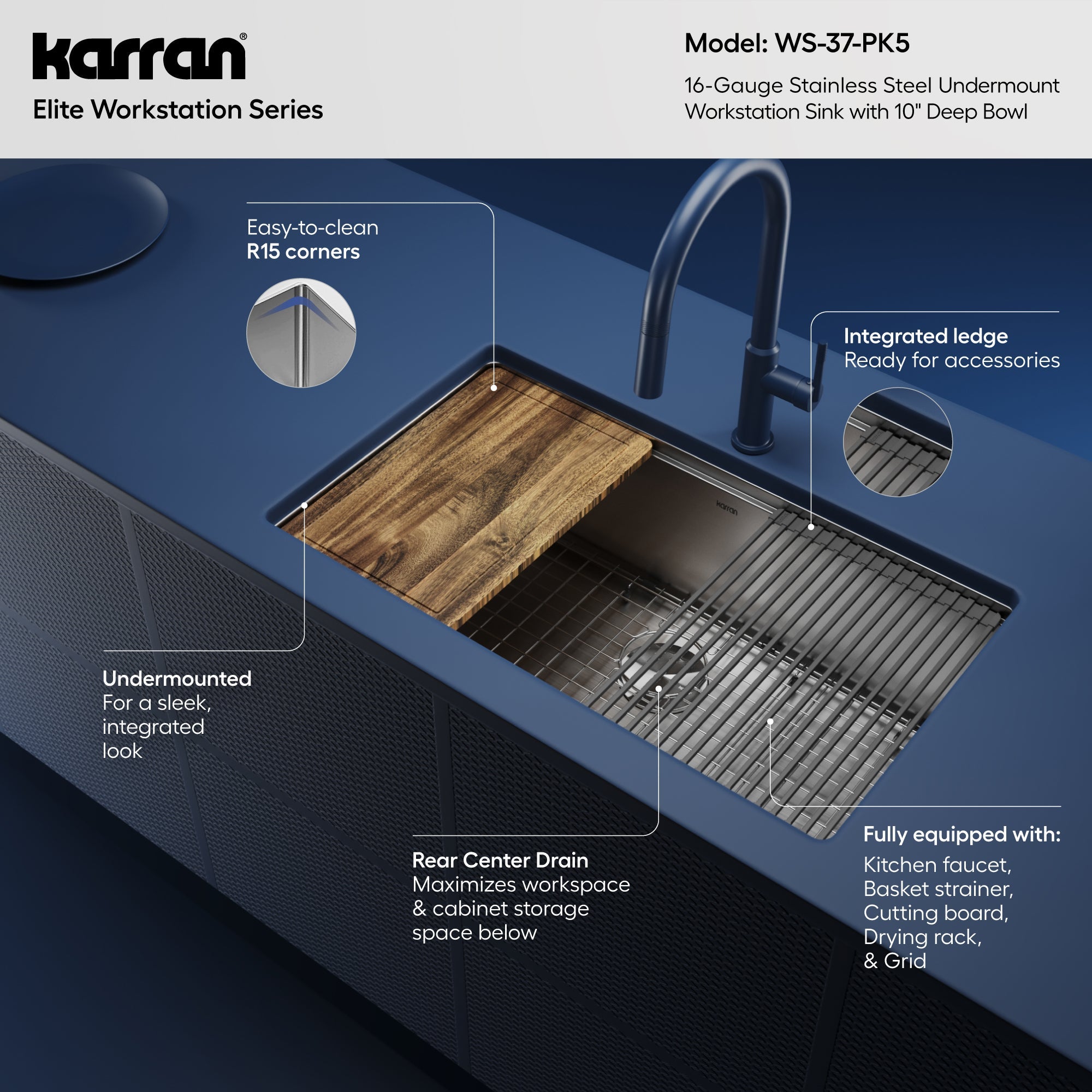 Elite 32" Undermount Workstation 16 Gauge Single Bowl Stainless Steel Kitchen Sink