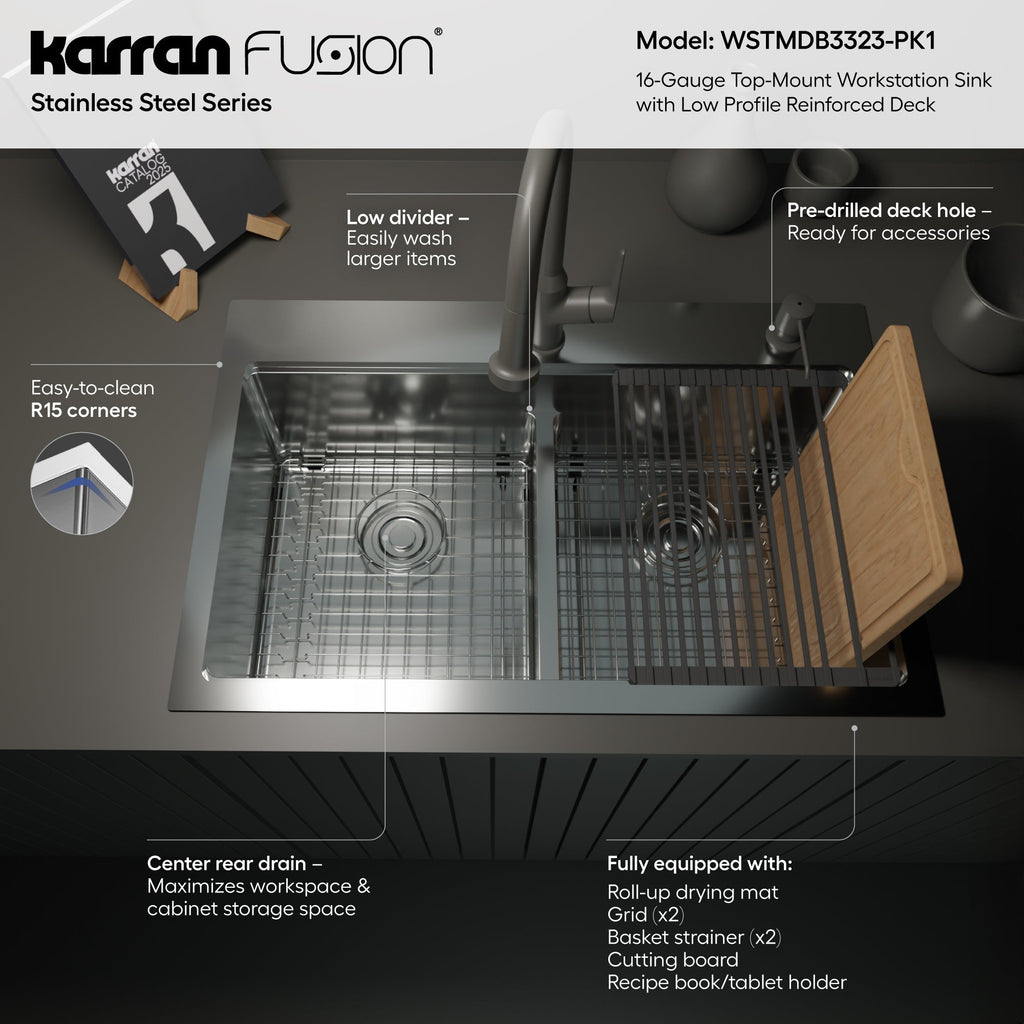 Fusion 33" Top Mount Workstation 16 Gauge Double Bowl Stainless Steel Sink with Accessories