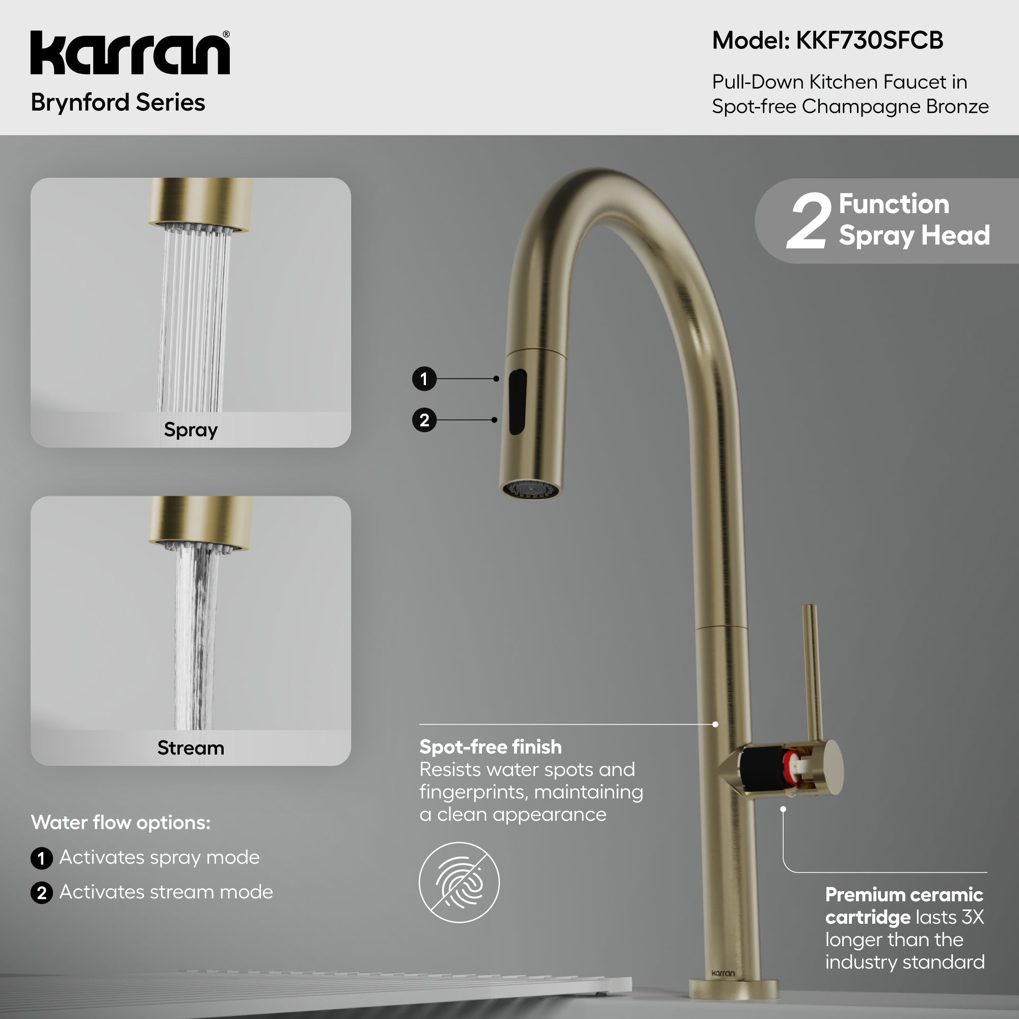 Brynford Single Handle Pull-Down Sprayer Kitchen Faucet In Spot-Free Champagne Bronze