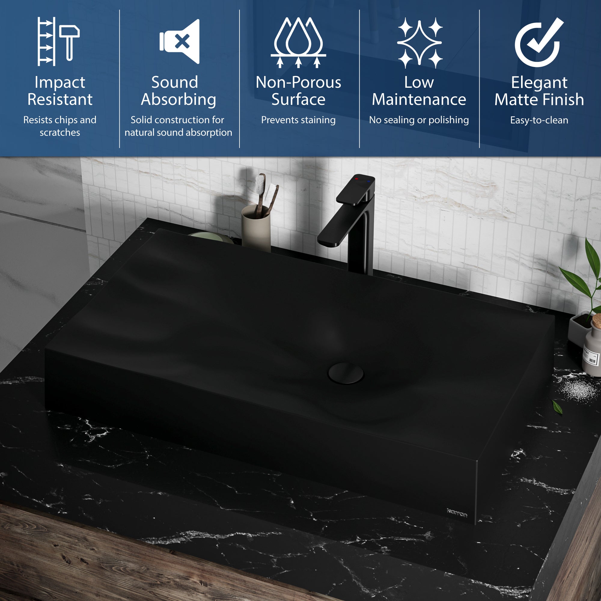 32-1/8" Vessel Quartz Composite Bathroom Sink In Black