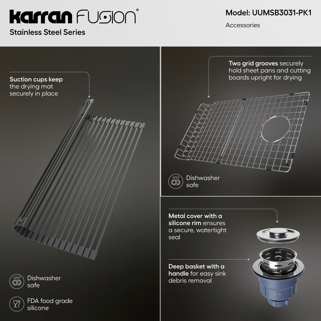Fusion 30" Undermount 16 Gauge Single Bowl Stainless Steel Sink with Accessories