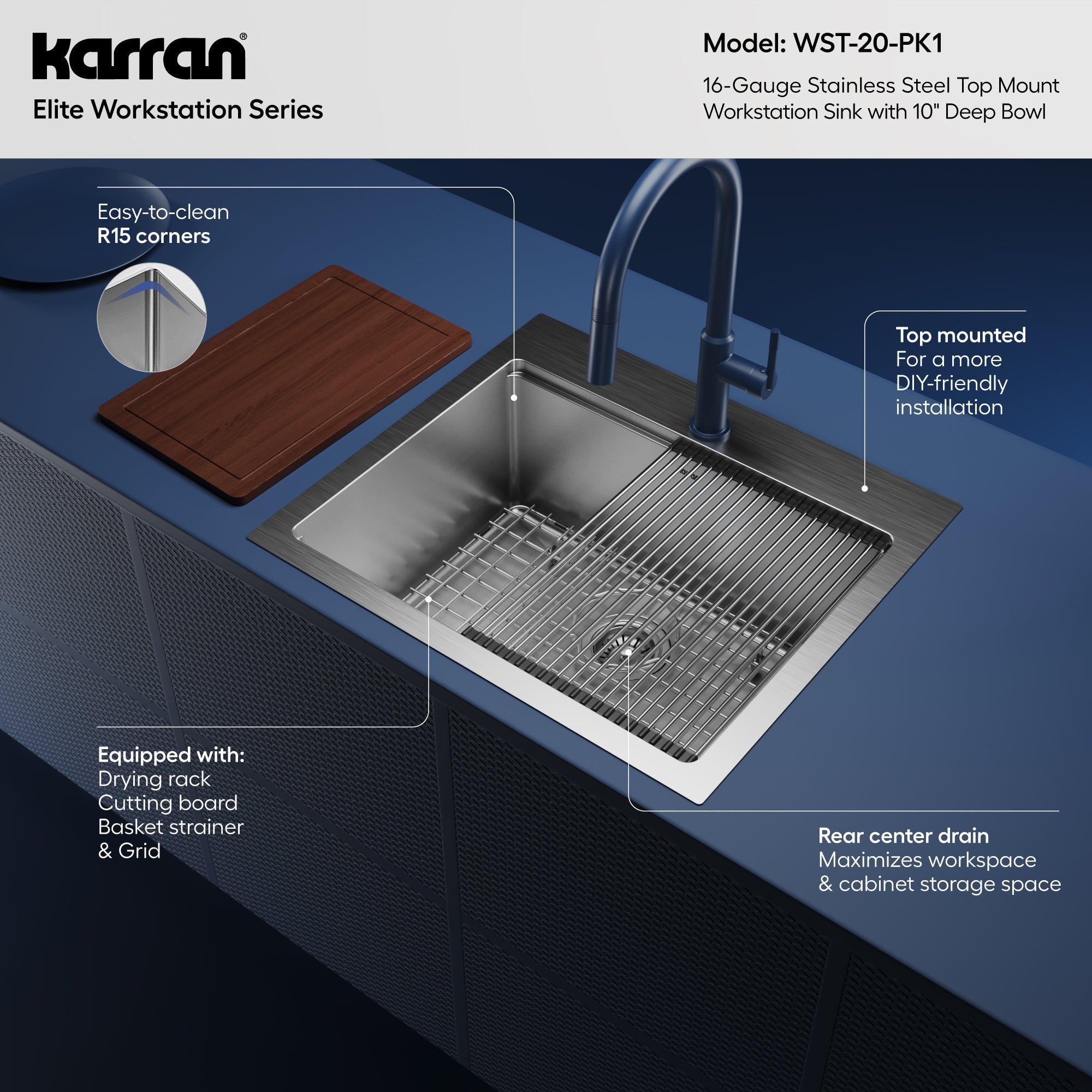 25" Top Mount Single Bowl Stainless Steel Workstation Kitchen Sink