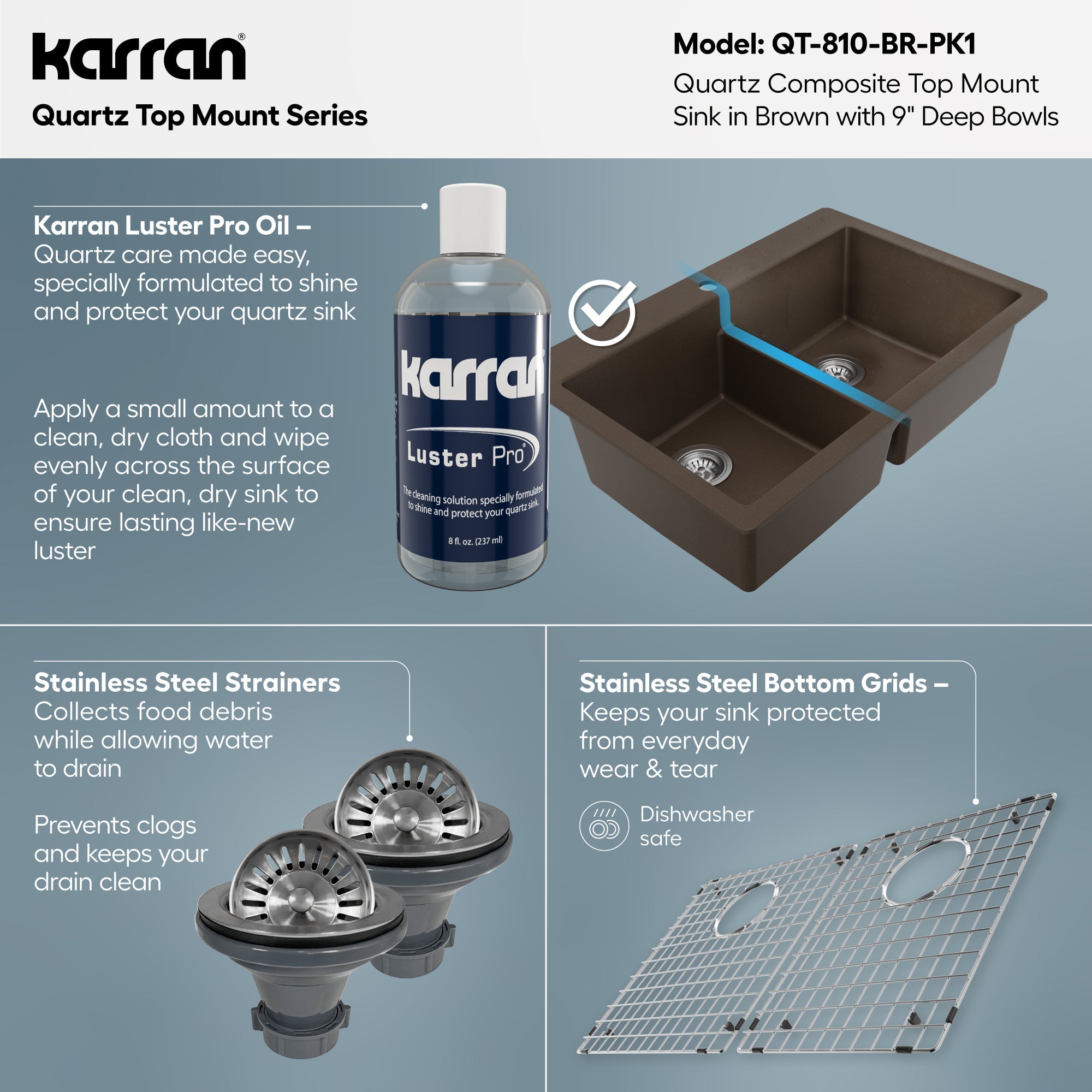 33" Top Mount Double Equal Bowl Quartz Composite Kitchen Sink Kit In Brown