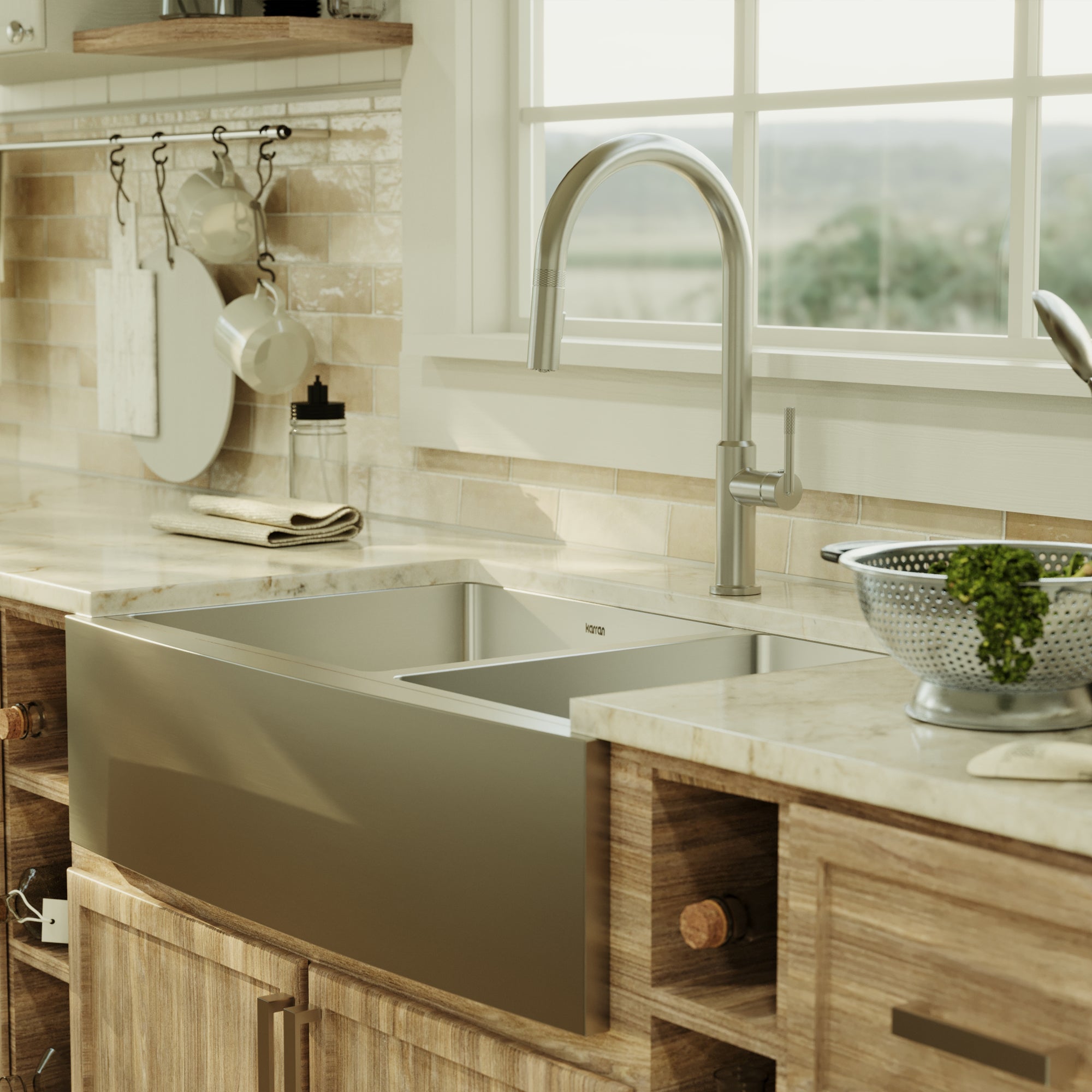 Elite 33" Apron Front 16 Gauge Double Offset Bowl Stainless Steel Kitchen Sink with Accessories