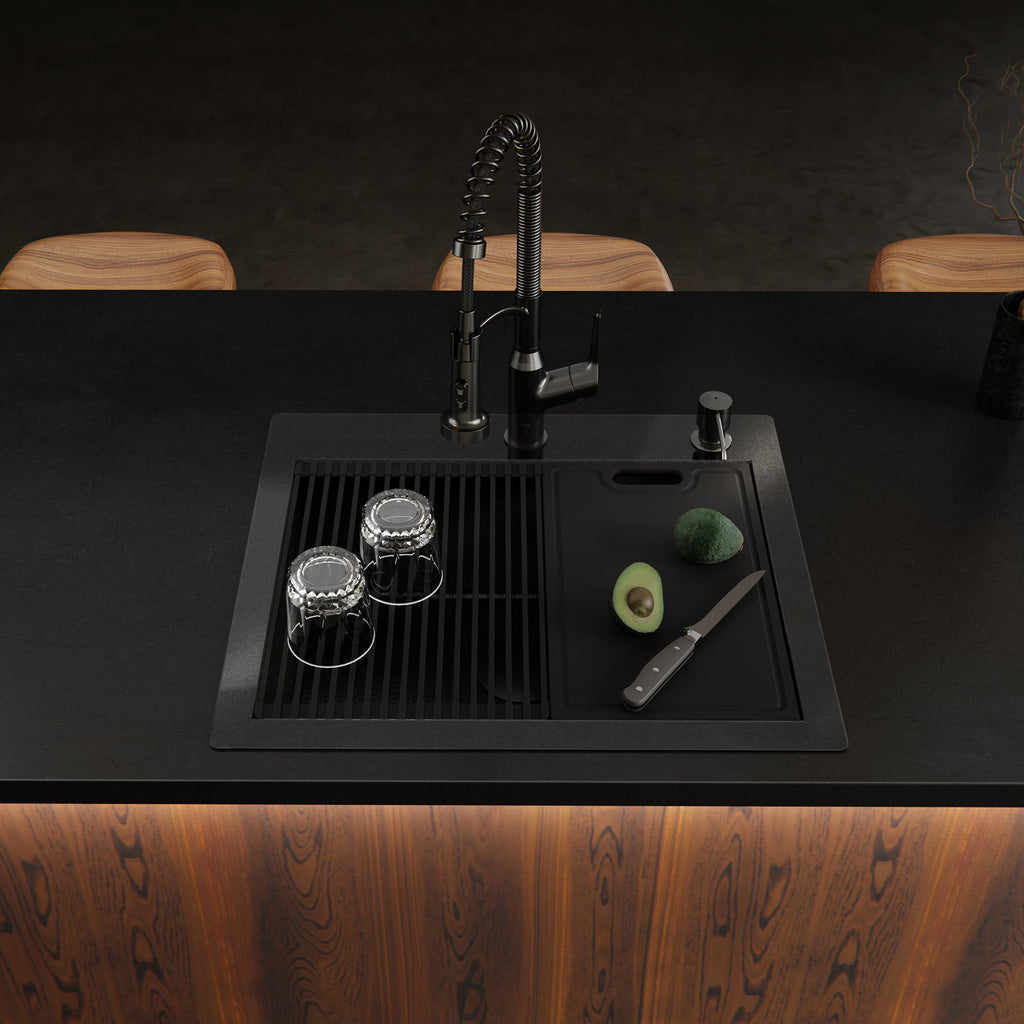 Matrix 25" Top Mount Workstation 16 Gauge Single Bowl Stainless Steel Kitchen Sink In Gunmetal Grey with Accessories
