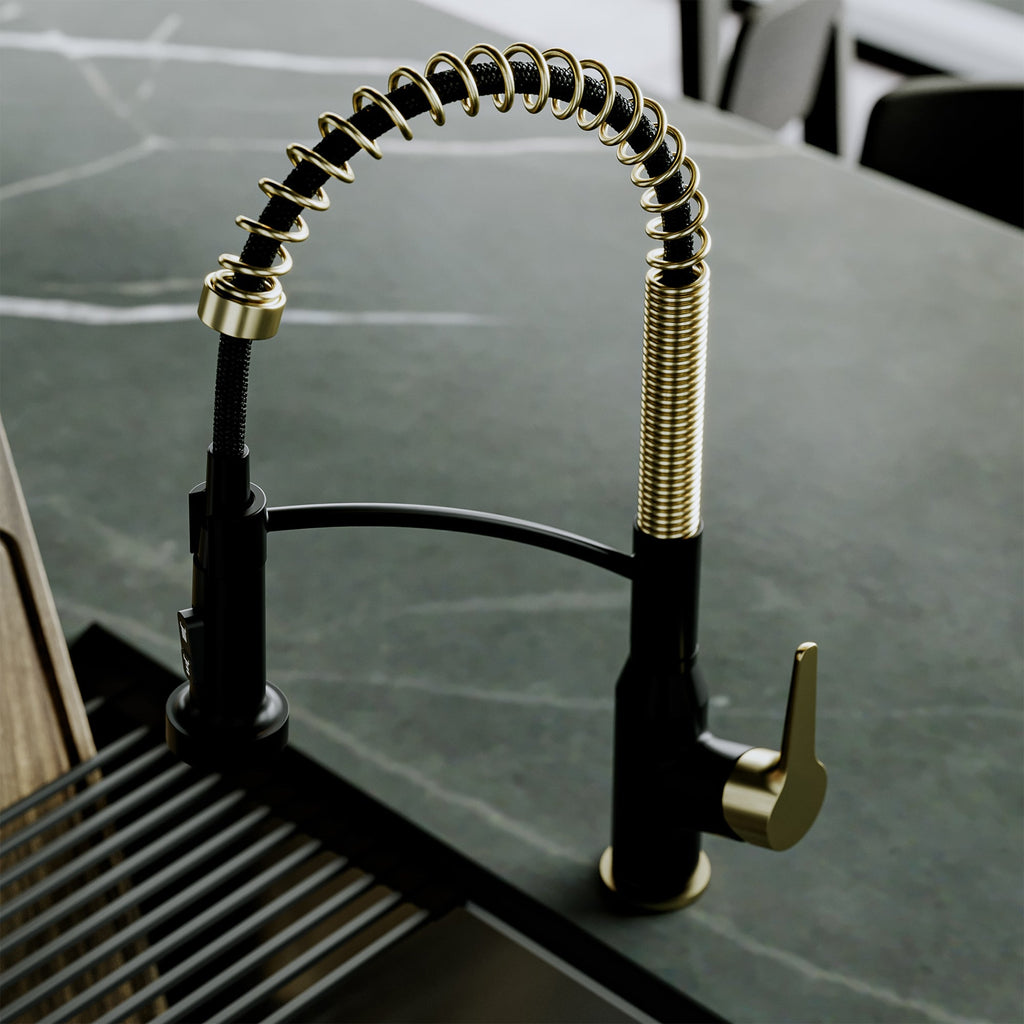 Scottsdale Single Handle Pull-Down Sprayer Commercial Style Kitchen Faucet In Matte Black / Spot-Free Brushed Gold