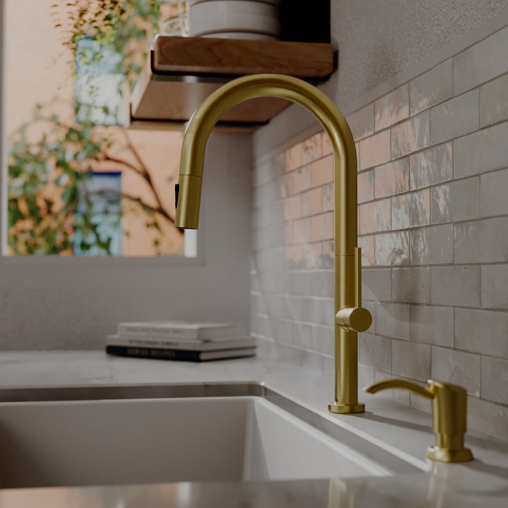 Brynford Single Handle Pull-Down Sprayer Kitchen Faucet In Spot-Free Brushed Gold