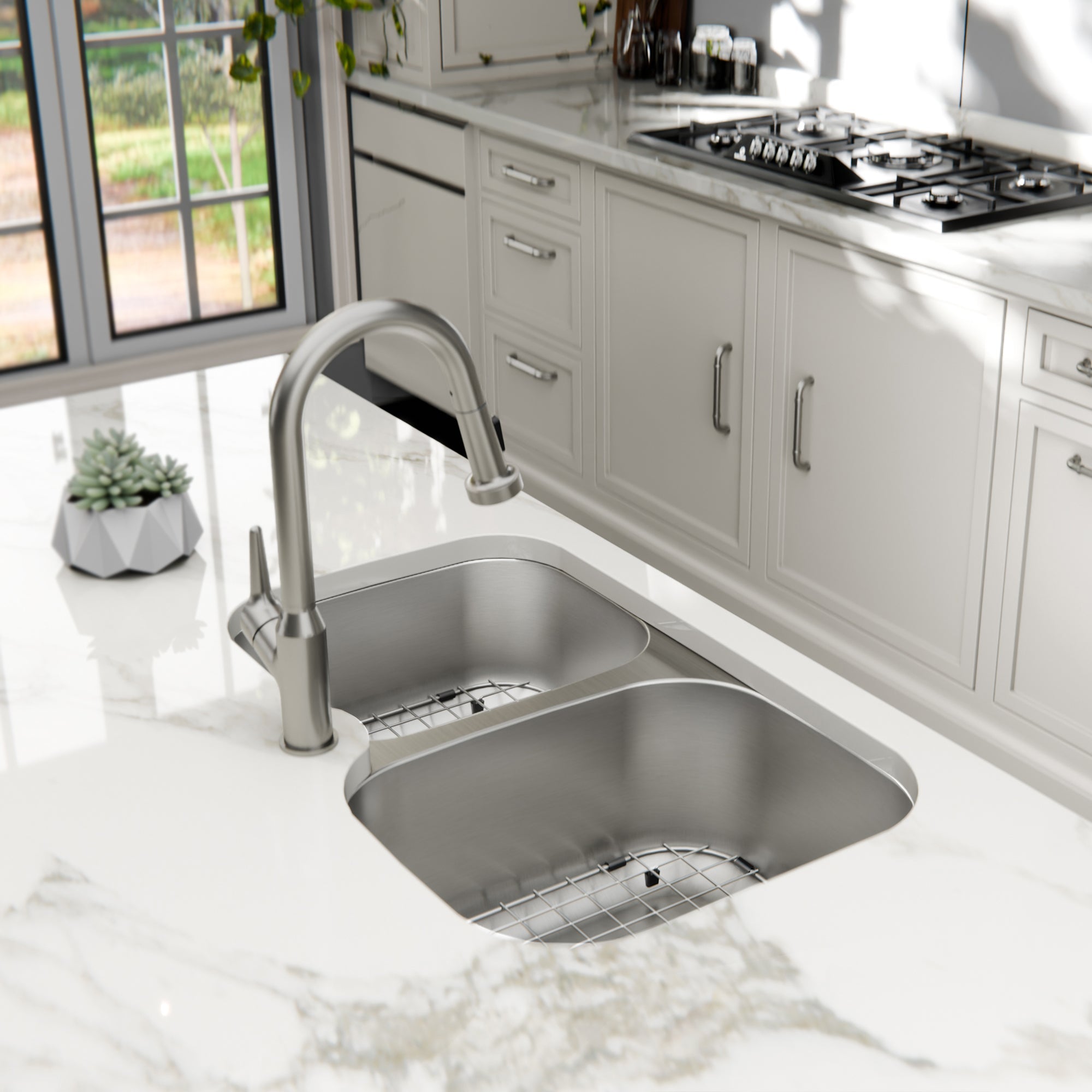 Profile 31" Undermount 18 Gauge Double Offset Bowl Stainless Steel Kitchen Sink with Accessories