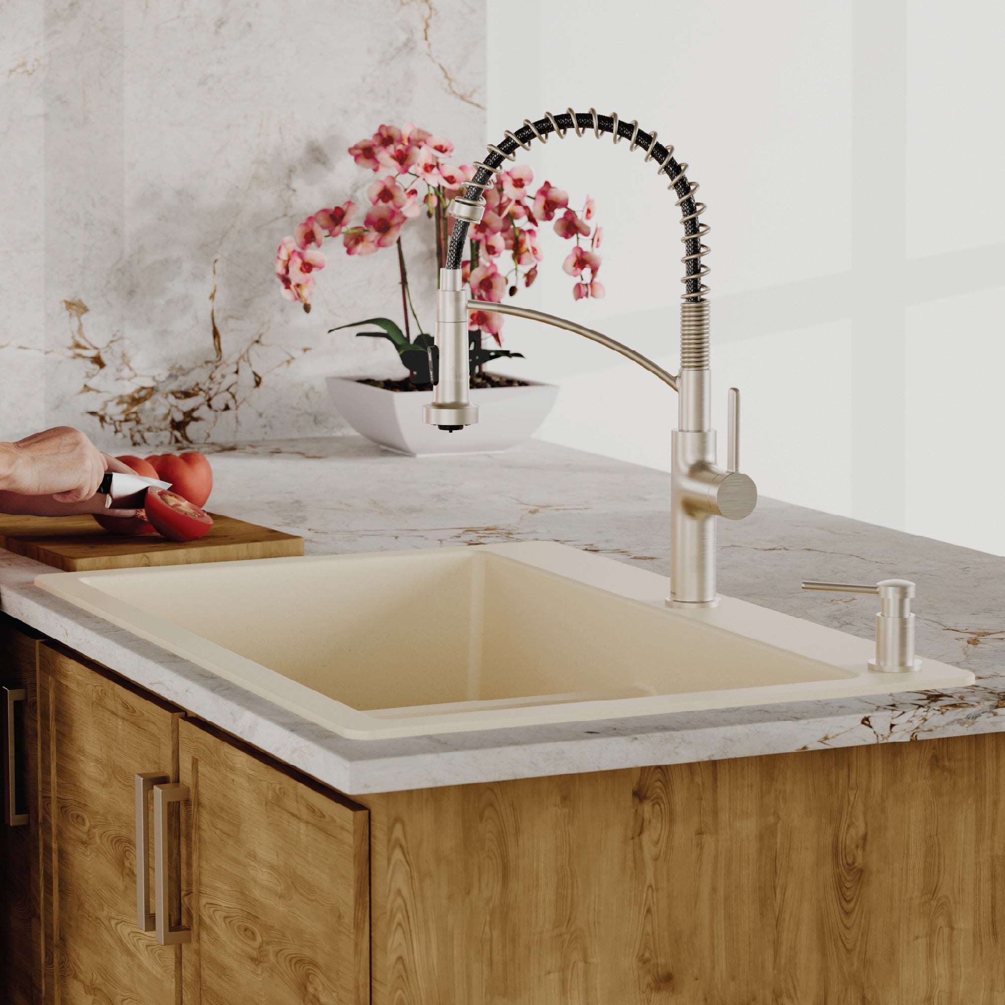 33" Top Mount Double Equal Bowl Quartz Composite Kitchen Sink Kit In Bisque