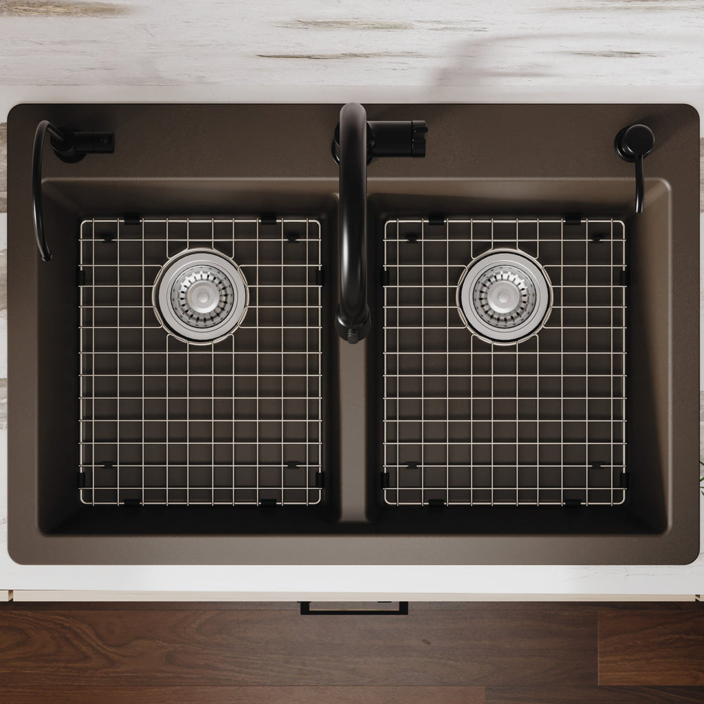 33" Top Mount Double Equal Bowl Quartz Composite Kitchen Sink Kit In Brown