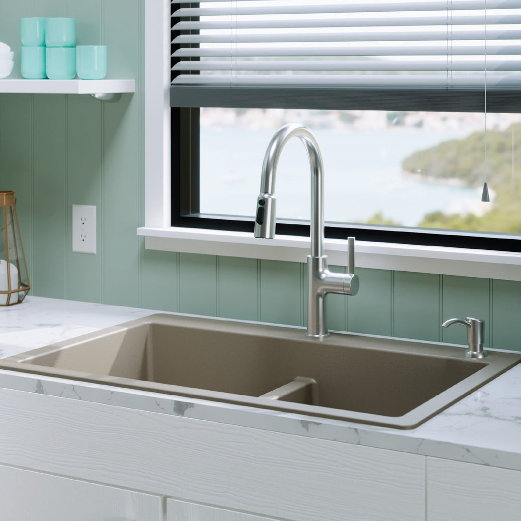 33" Top Mount Double Bowl Quartz Composite Kitchen Sink In Concrete