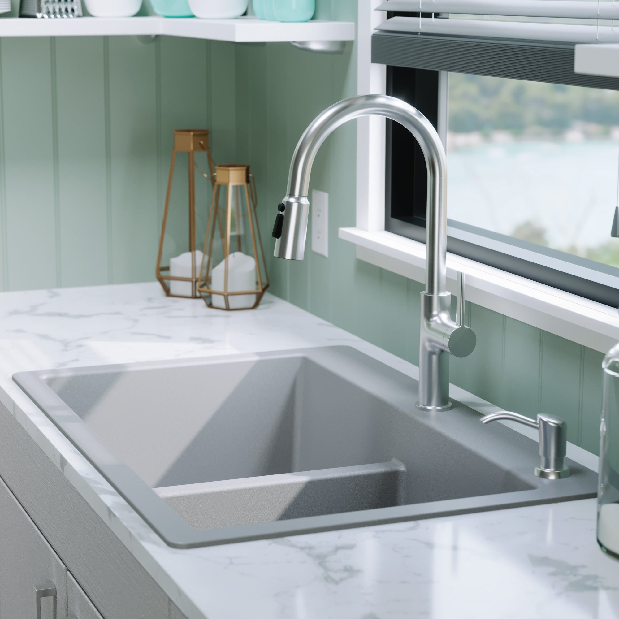 33" Top Mount Double Bowl Quartz Composite Kitchen Sink In Grey