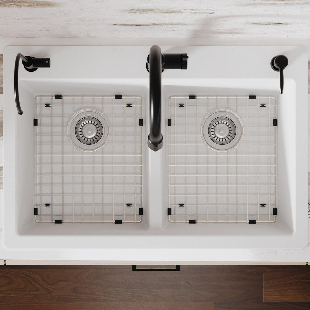 33" Top Mount Double Equal Bowl Quartz Composite Kitchen Sink Kit In White