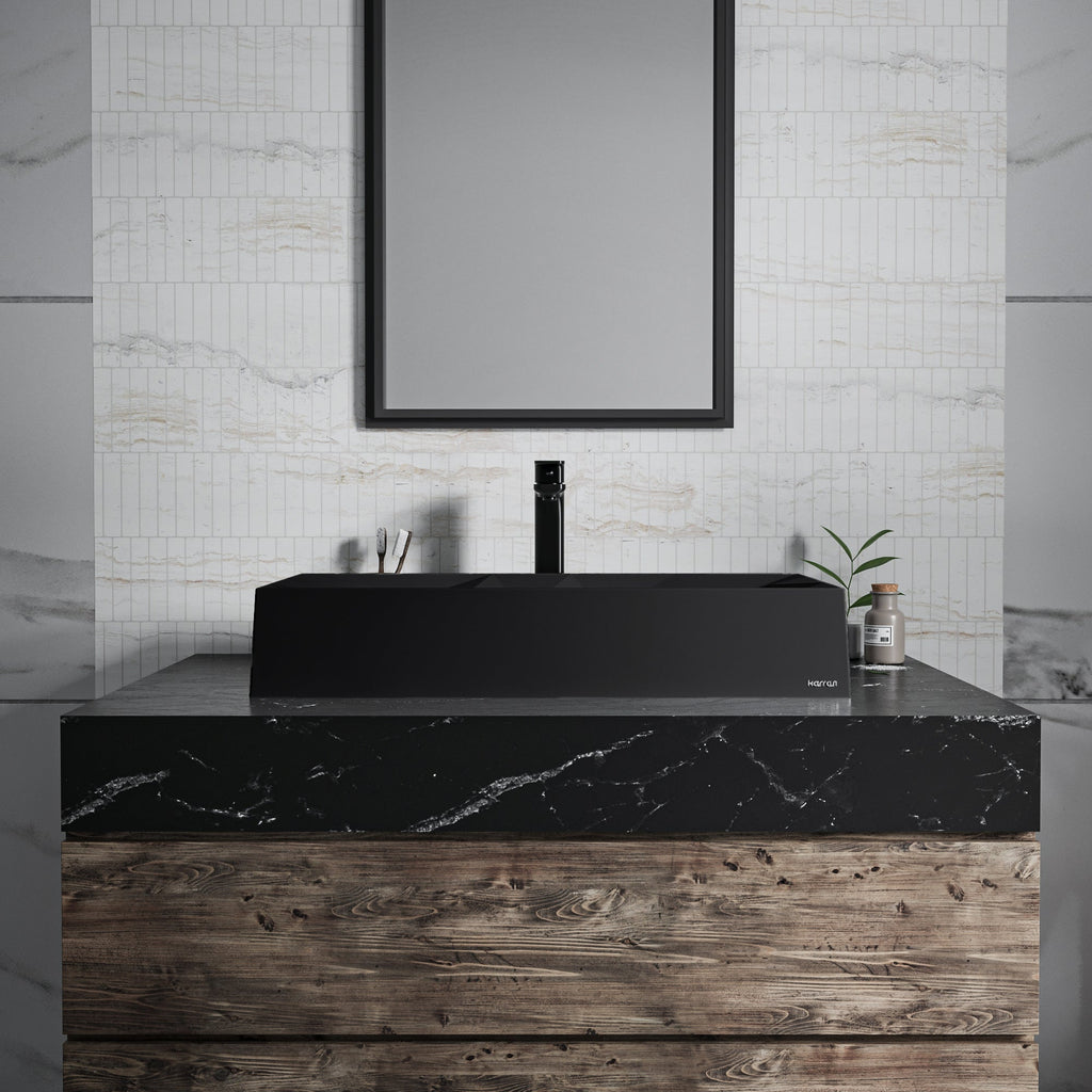 28-1/8" Vessel Quartz Composite Bathroom Sink In Black