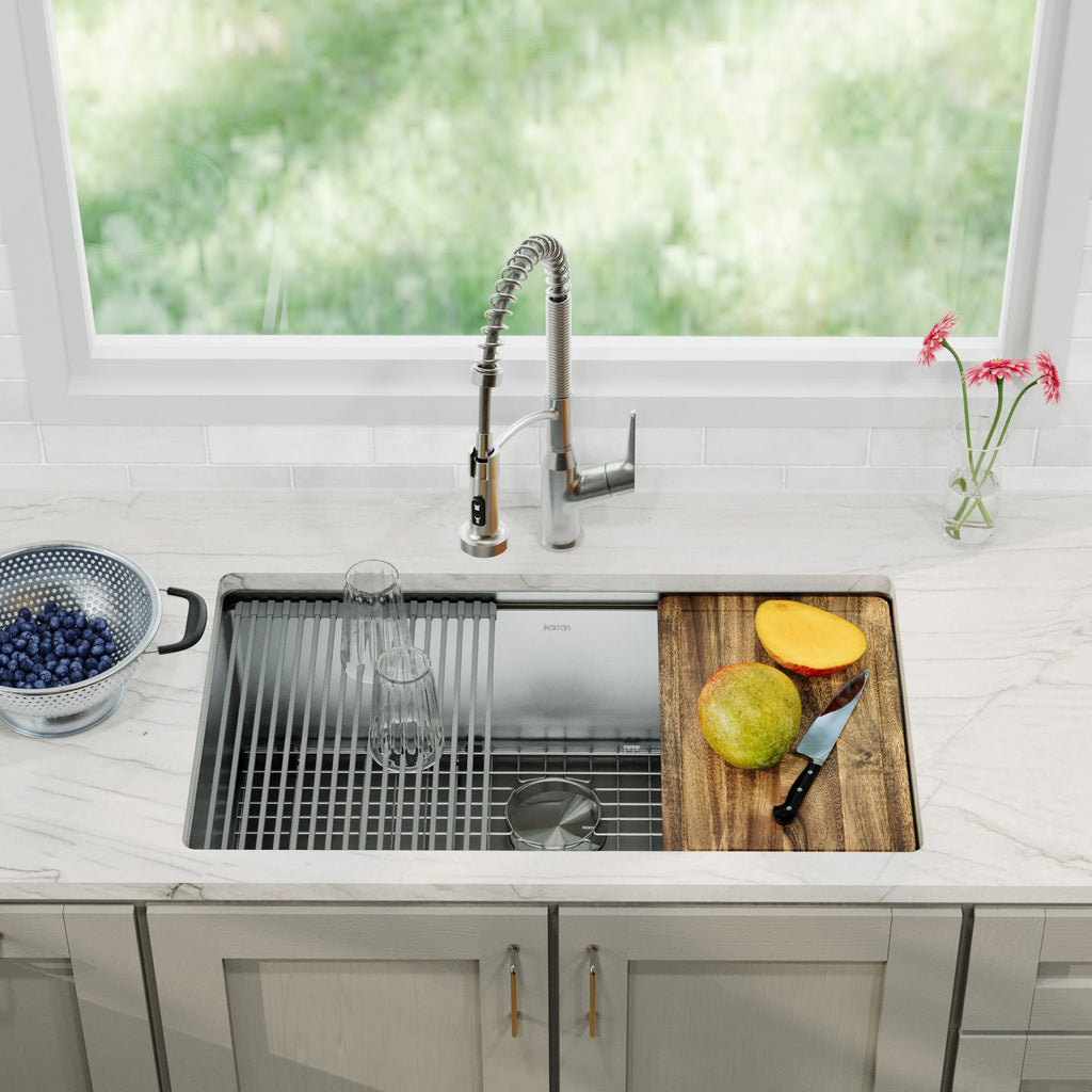 Elite 32" Undermount Workstation 16 Gauge Single Bowl Stainless Steel Kitchen Sink with Scottsdale Pull-Down Faucet