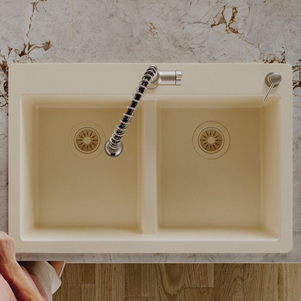 33" Top Mount Double Bowl Quartz Composite Kitchen Sink In Bisque