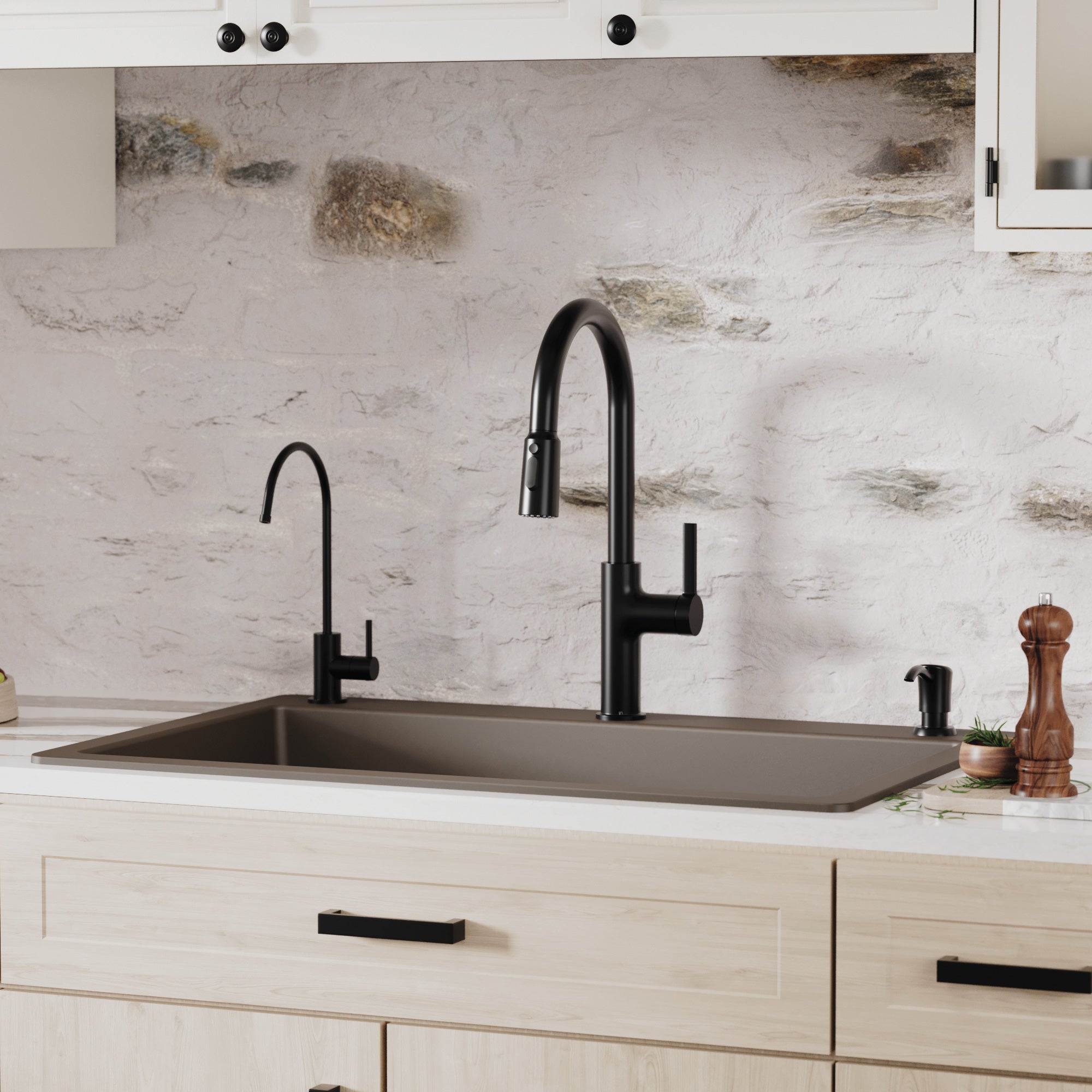 33" Top Mount Double Equal Bowl Quartz Composite Kitchen Sink Kit In Brown