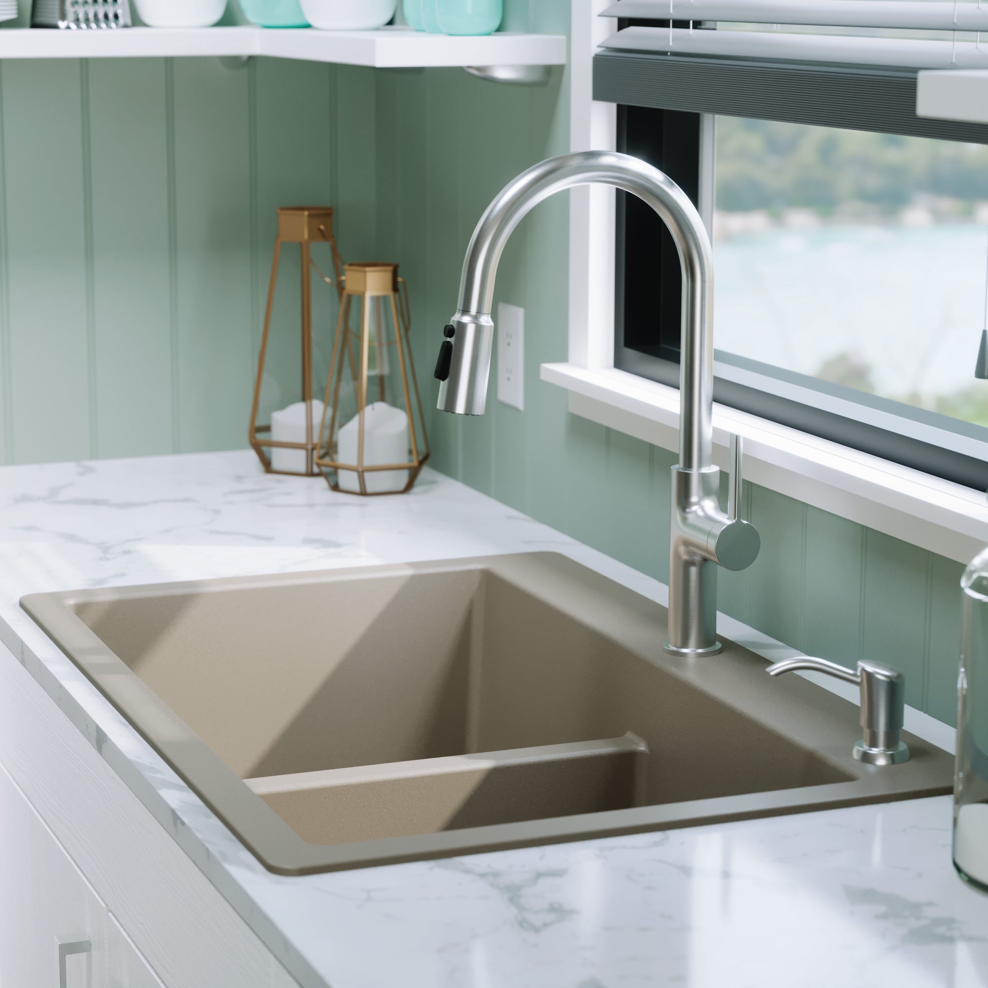 33" Top Mount Double Bowl Quartz Composite Kitchen Sink In Concrete