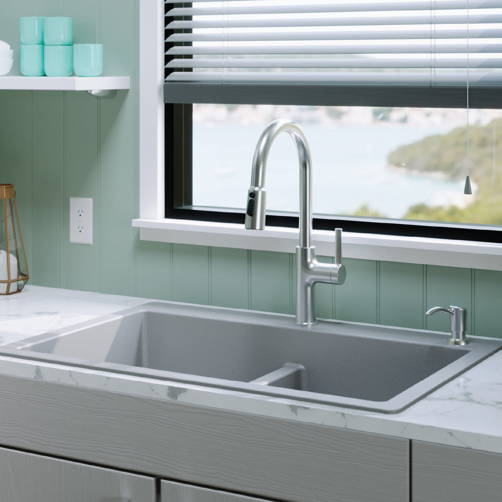33" Top Mount Double Bowl Quartz Composite Kitchen Sink In Grey