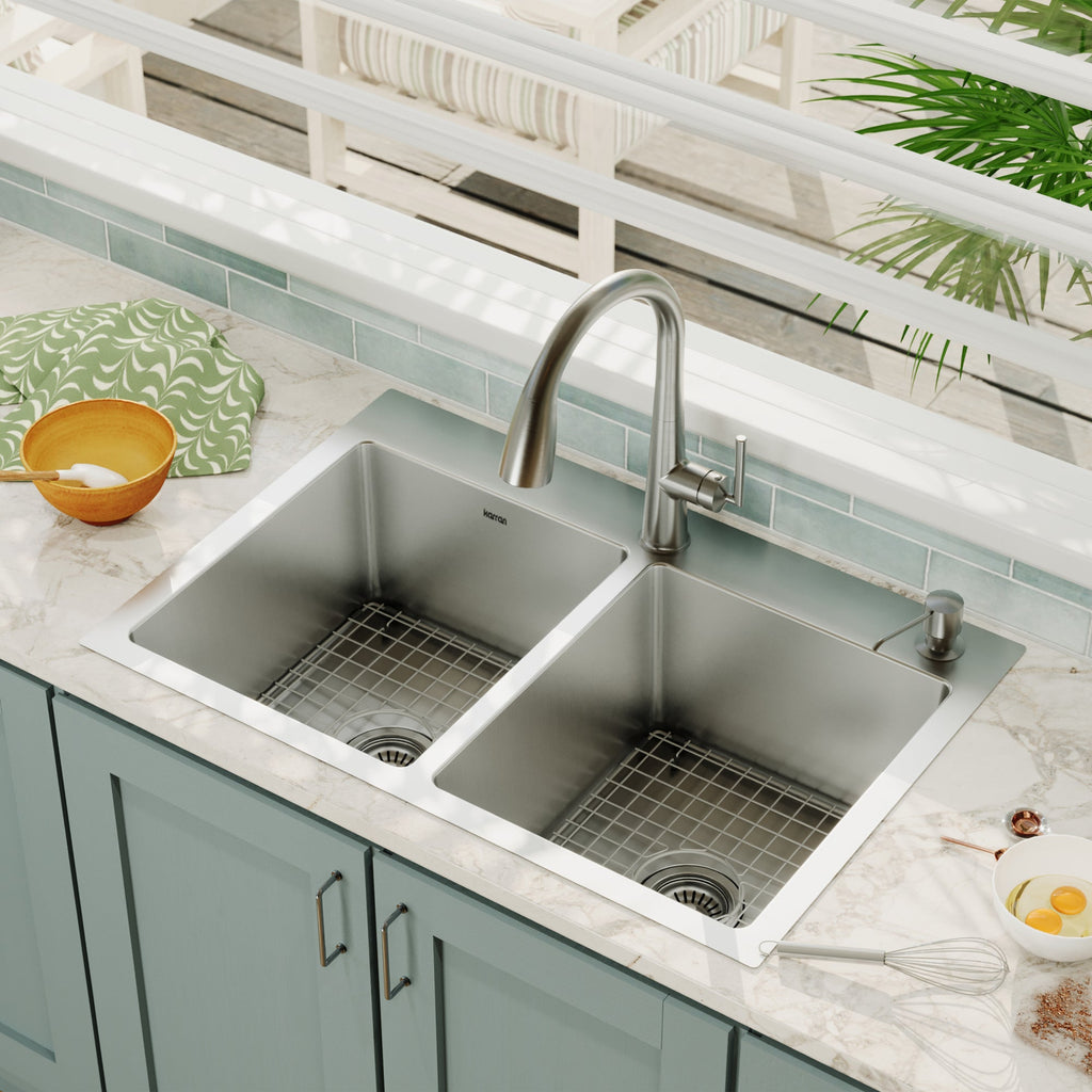 33" Top Mount Double Equal Bowl Stainless Steel Kitchen Sink Kit