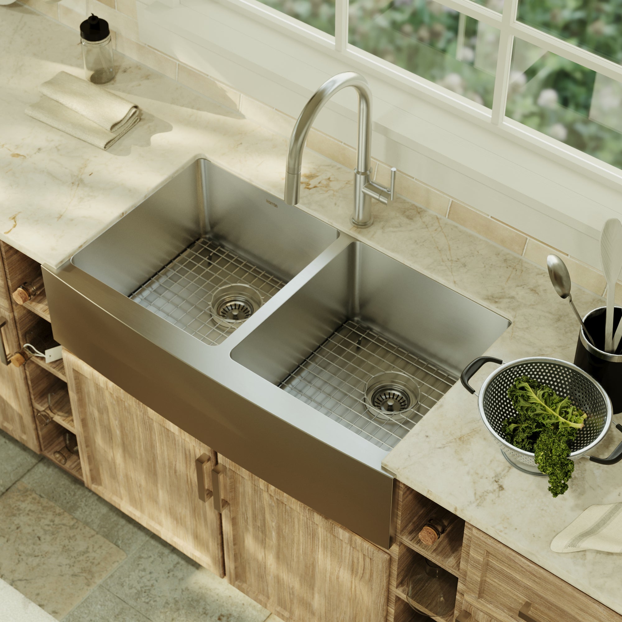 36" Farmhouse Double Equal Bowl Stainless Steel Kitchen Sink Kit