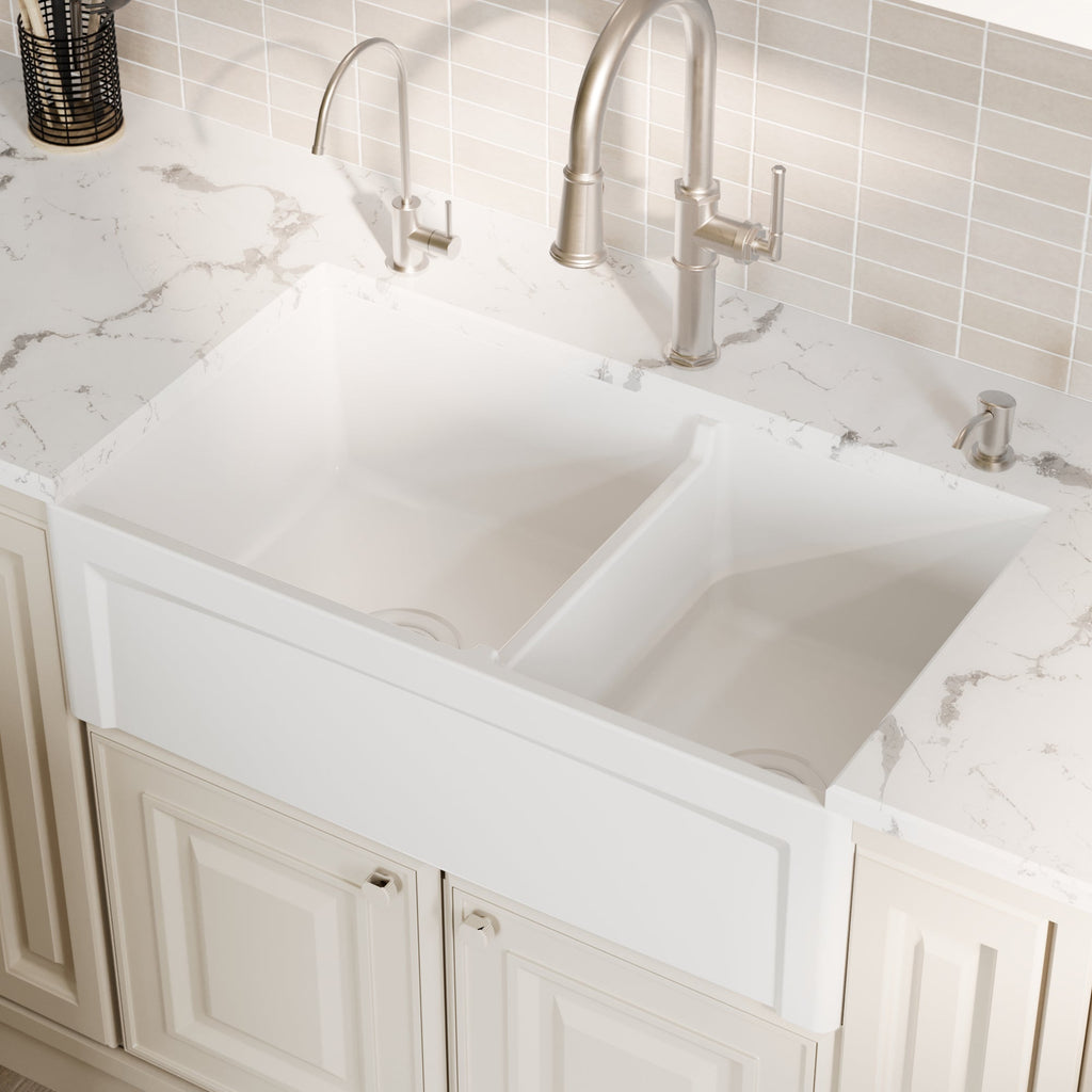 Fireclay 33" Reversible Apron Front Double Bowl Kitchen Sink In White