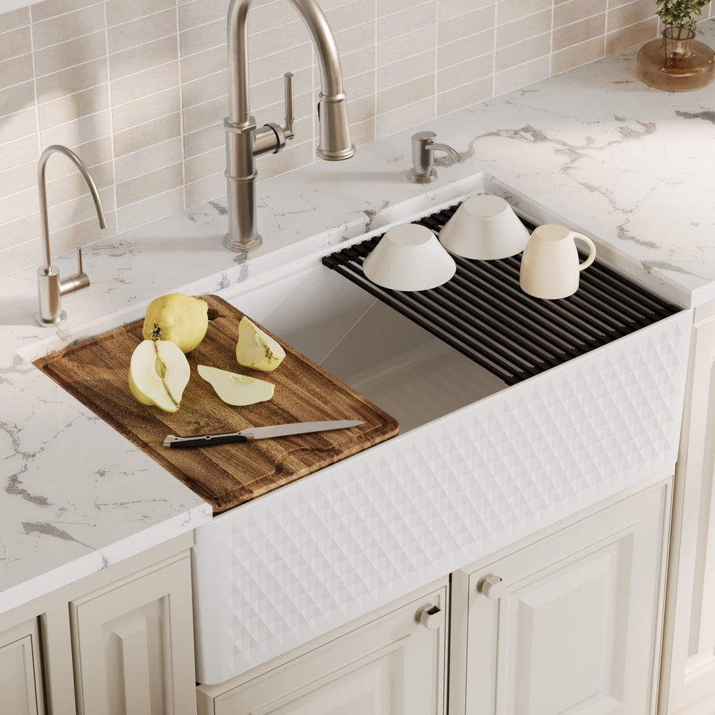 Fireclay 33" Reversible Apron Front Single Bowl Workstation Kitchen Sink In White
