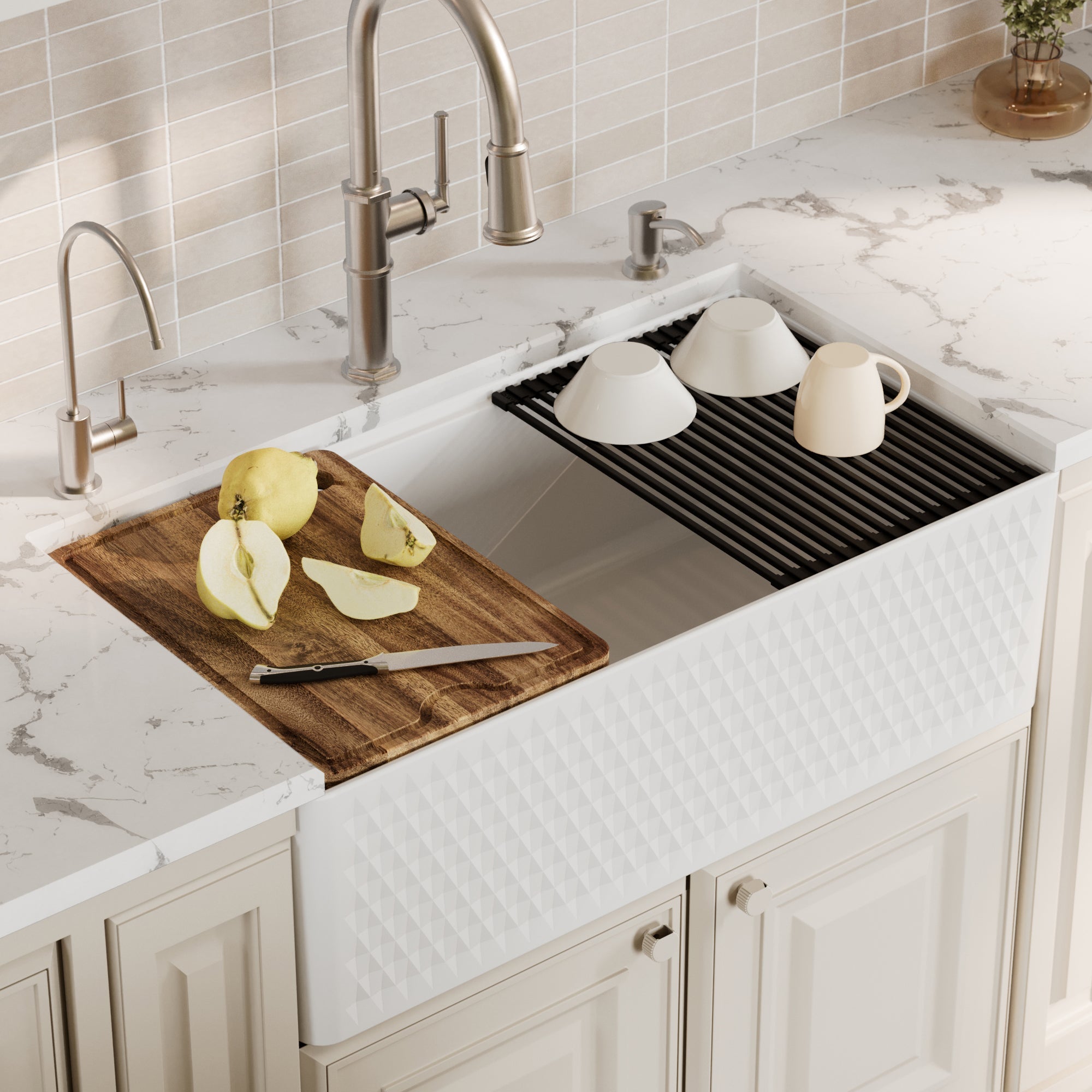 Fireclay 33" Reversible Apron Front Single Bowl Workstation Kitchen Sink In White