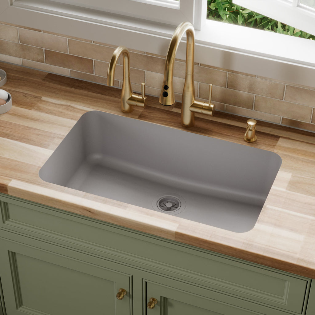 30-7/8" Seamless Undermount Large Single Bowl Quartz Composite Kitchen Sink In Grey