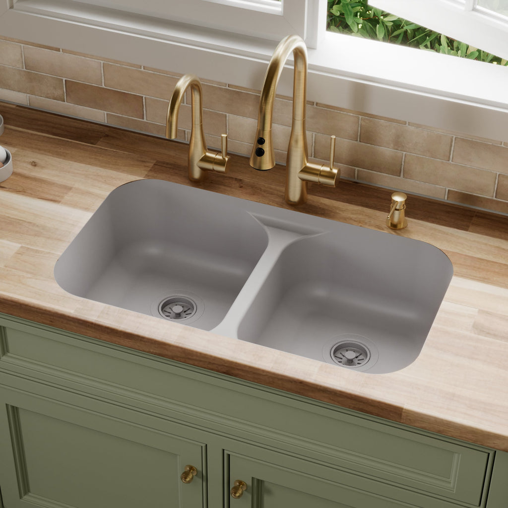 32-7/8" Seamless Undermount Doube Equal Bowl Quartz Composite Kitchen Sink In Grey