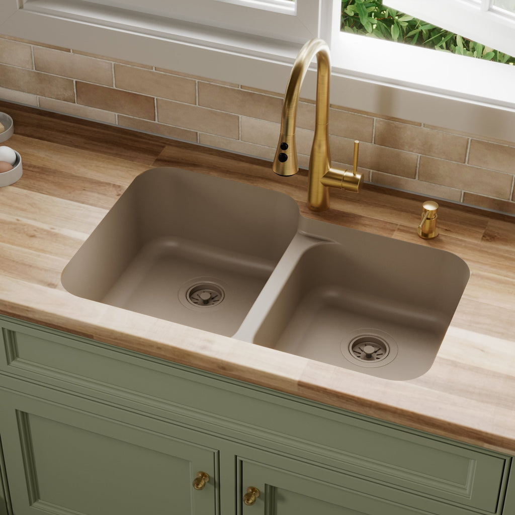 32-3/8" Seamless Undermount Double Offset Bowl Quartz Composite Kitchen Sink In Concrete