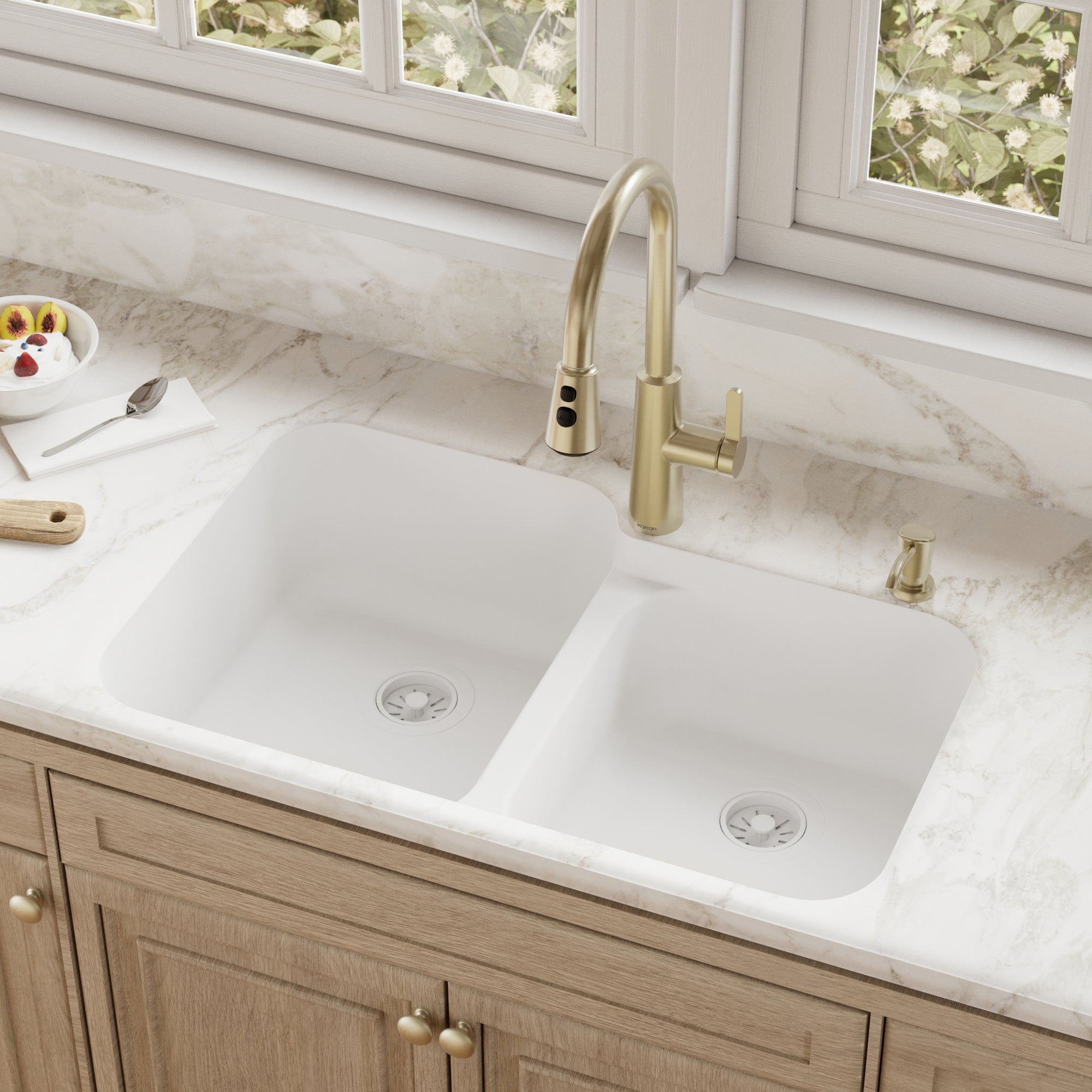 32-3/8" Seamless Undermount Double Offset Bowl Quartz Composite Kitchen Sink In White