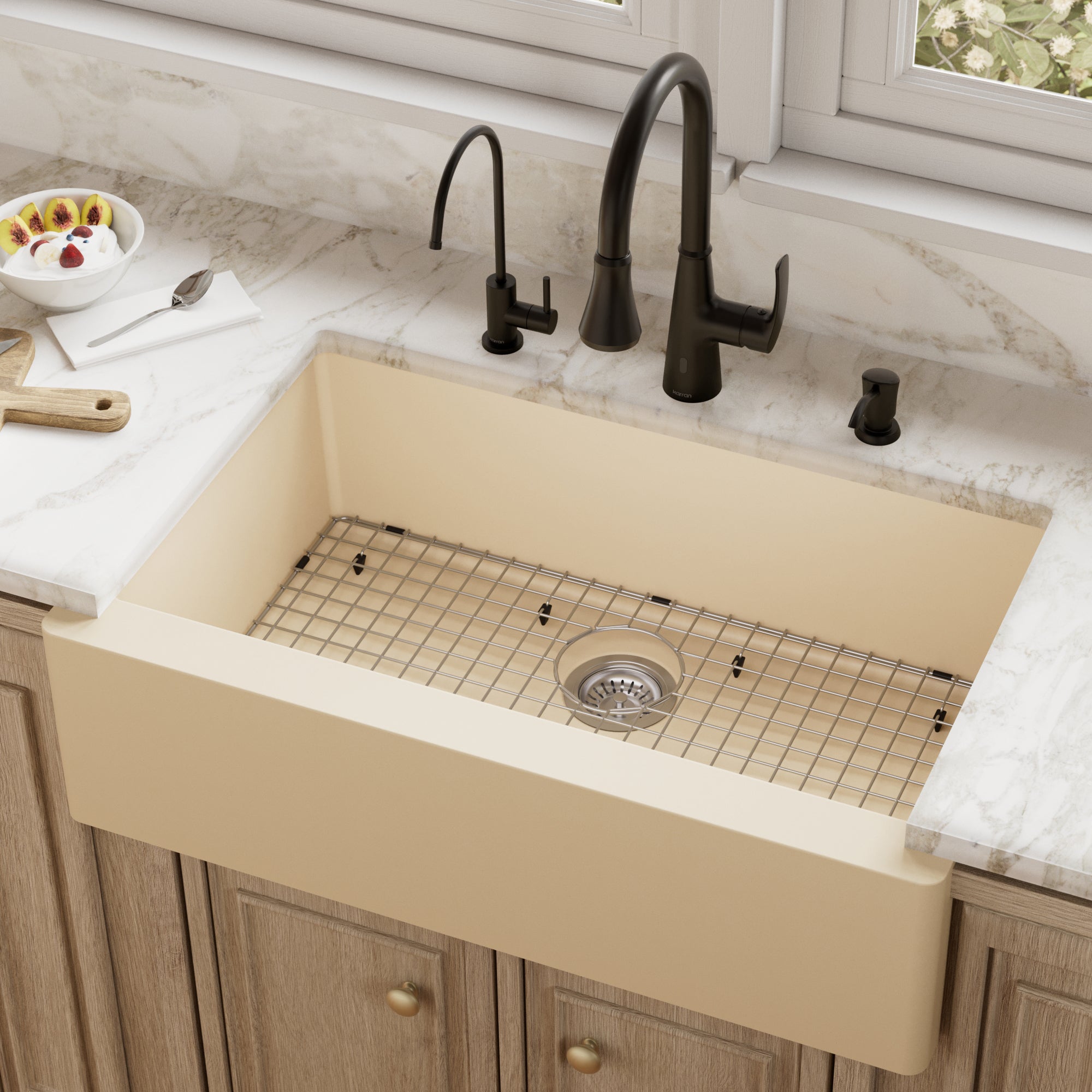 Farmhouse/Apron-Front Quartz Composite 34" Single Bowl Kitchen Sink Kit In Bisque
