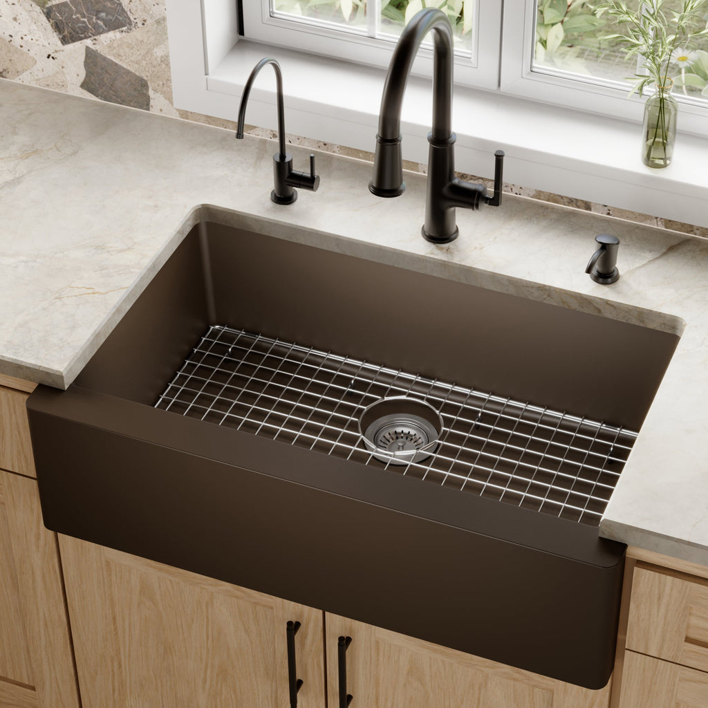 34" Farmhouse Large Single Bowl Quartz Composite Kitchen Sink Kit In Brown