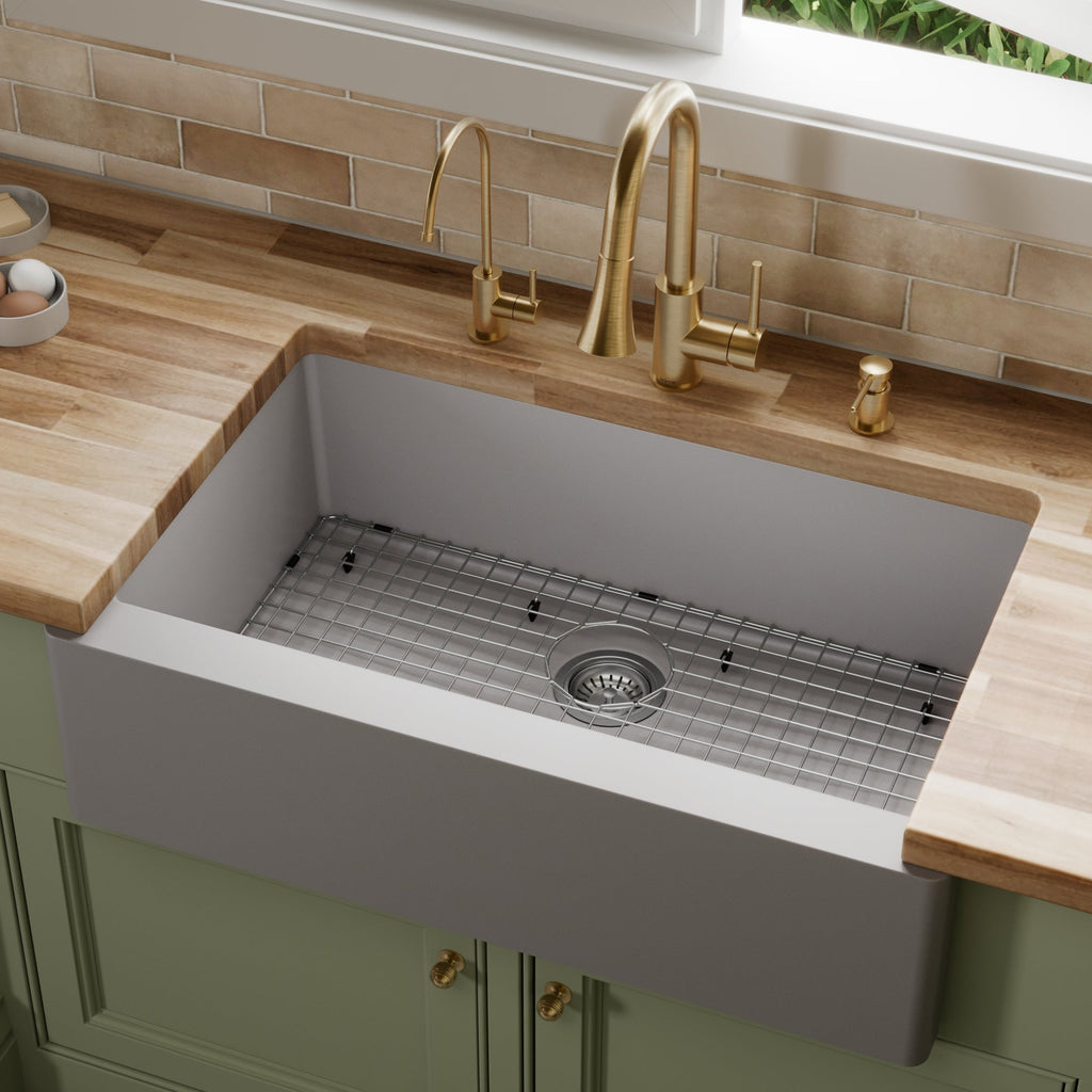 34" Farmhouse Large Single Bowl Quartz Composite Kitchen Sink Kit In Grey